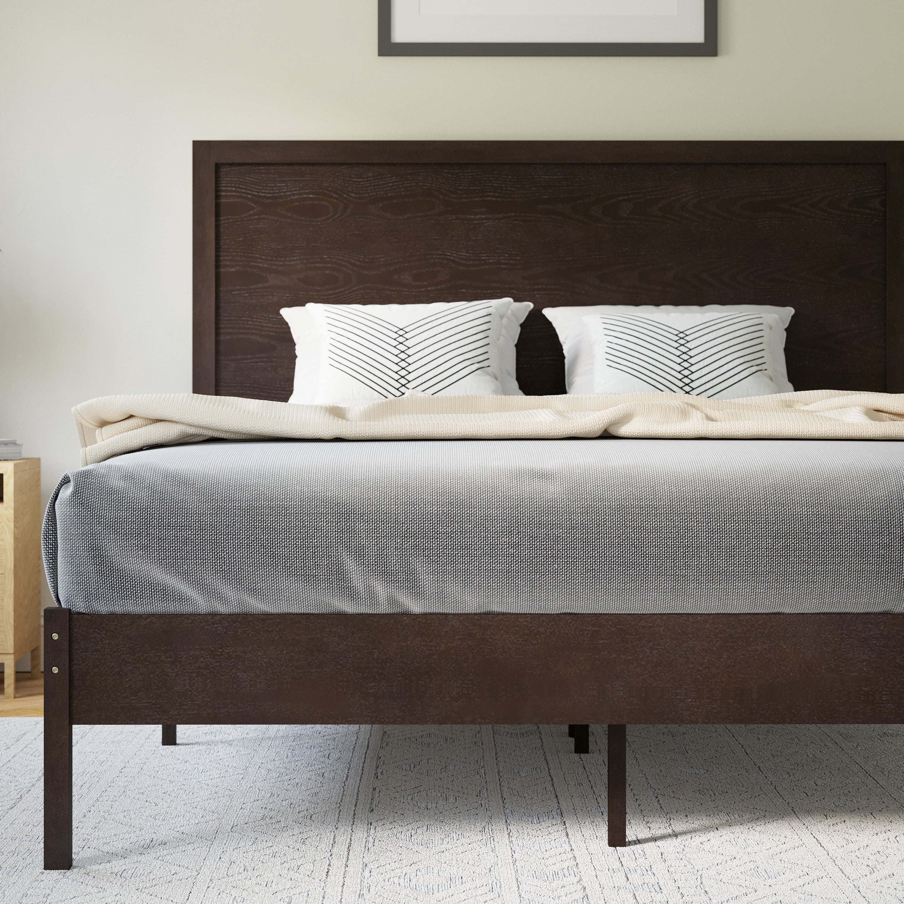 Asher Queen Size Solid Wood Platform Bed with Wooden Slats and Headboard, No Box Spring Needed, Dark Brown
