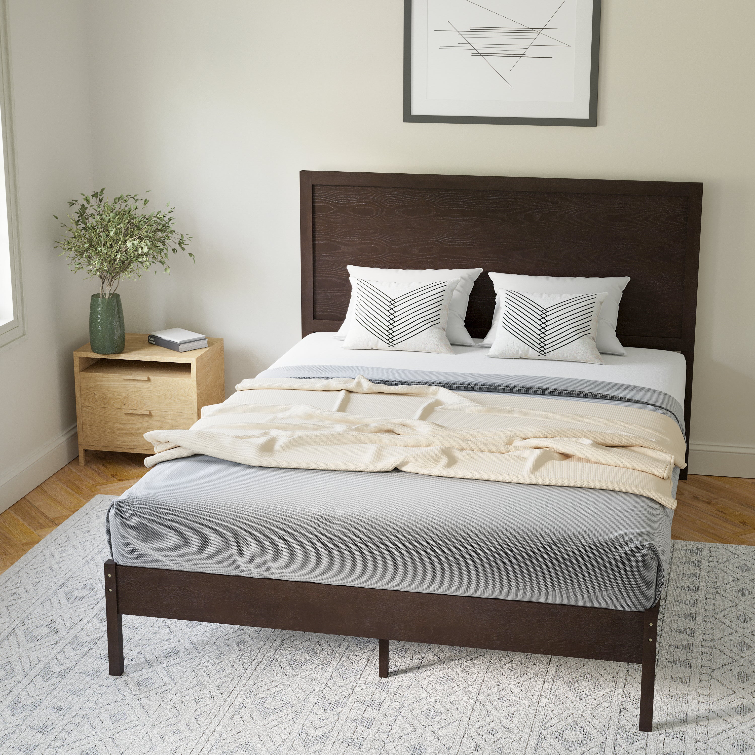 Asher Queen Size Solid Wood Platform Bed with Wooden Slats and Headboard, No Box Spring Needed, Dark Brown