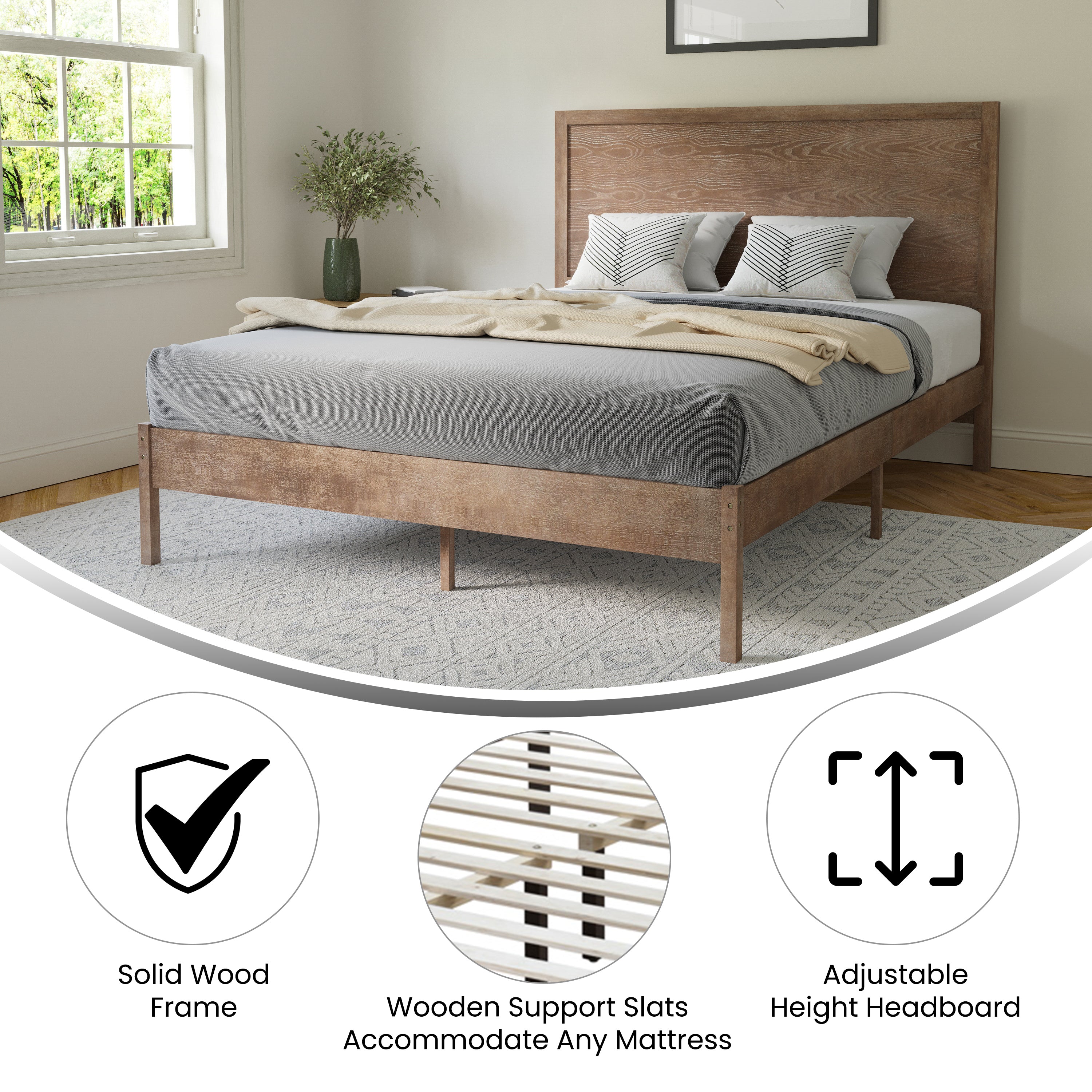 Asher Queen Size Solid Wood Platform Bed with Wooden Slats and Headboard, No Box Spring Needed, Light Brown