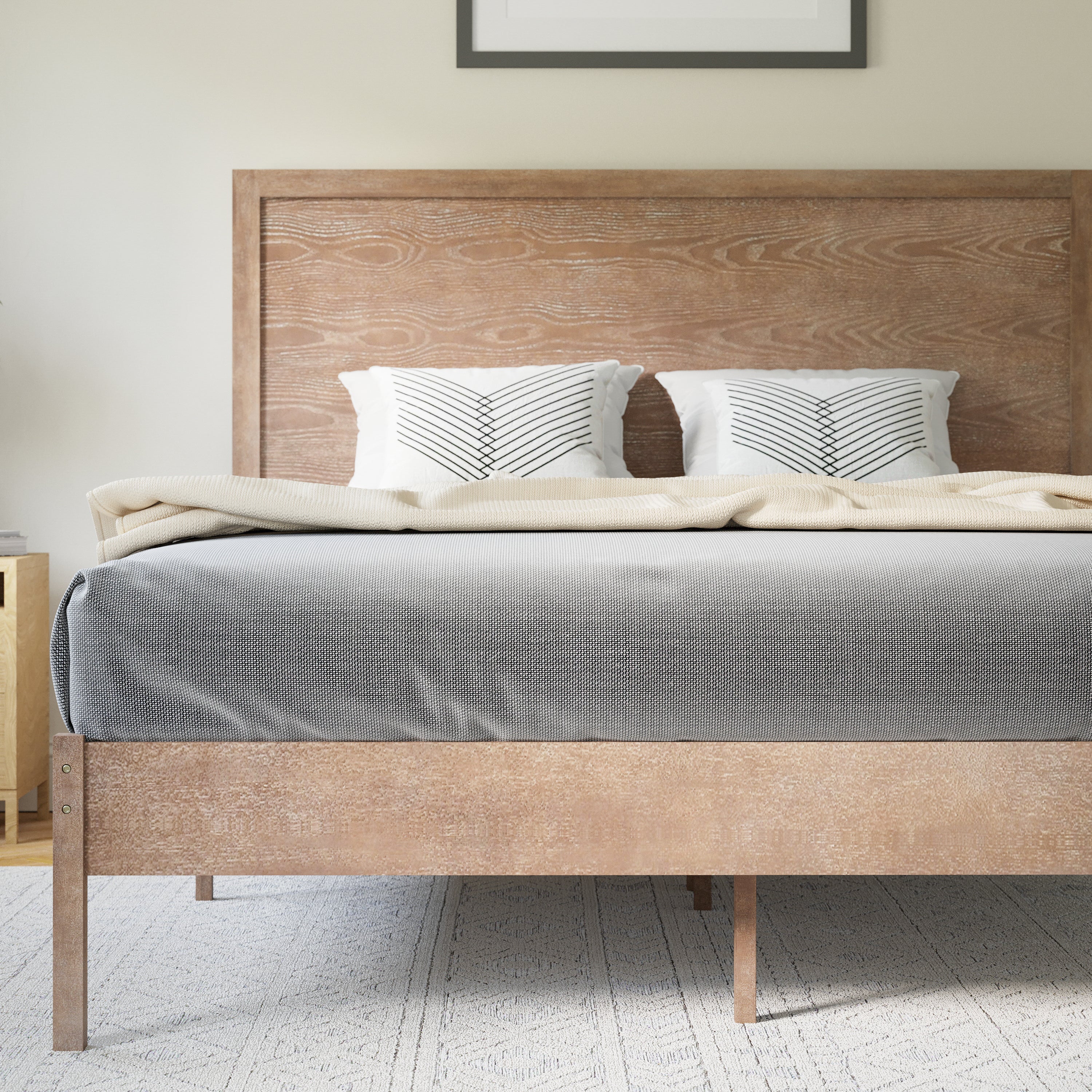 Asher Queen Size Solid Wood Platform Bed with Wooden Slats and Headboard, No Box Spring Needed, Light Brown