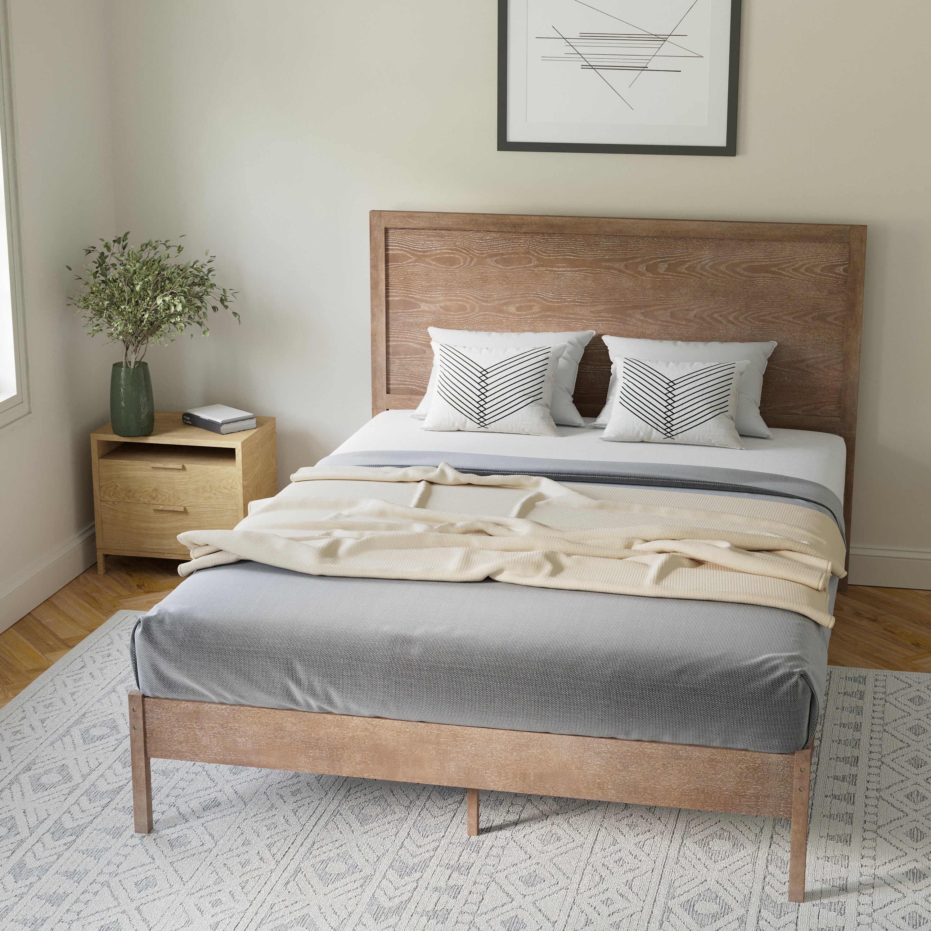 Asher Queen Size Solid Wood Platform Bed with Wooden Slats and Headboard, No Box Spring Needed, Light Brown