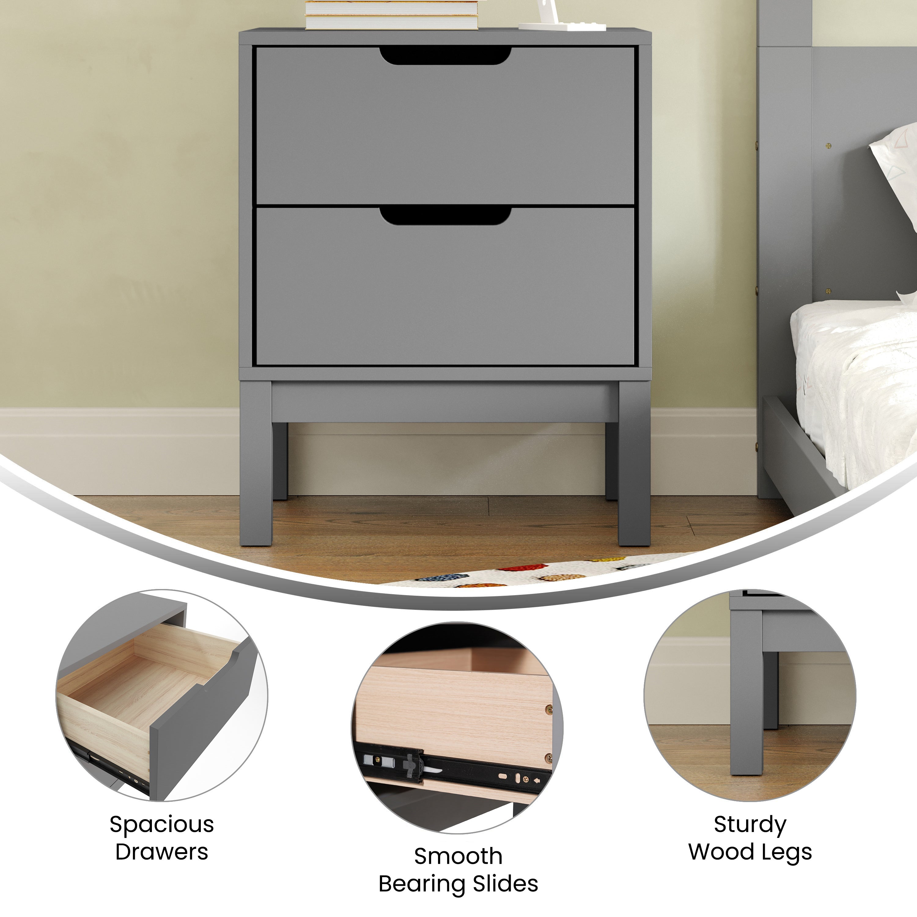 Dallas Wooden Night Stand, Bedroom Side Table with 2 Storage Drawers for Kids in Gray