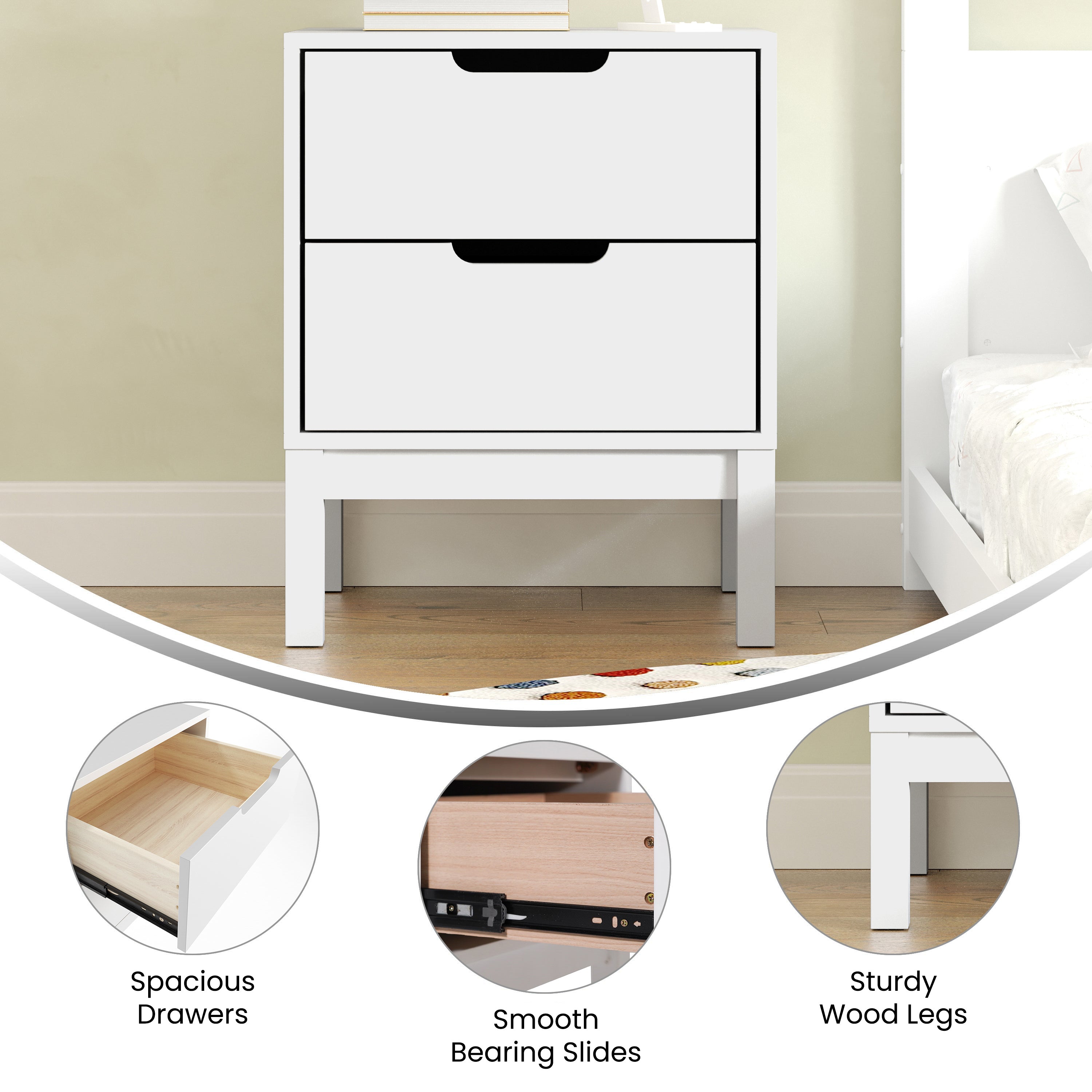 Dallas Wooden Night Stand, Bedroom Side Table with 2 Storage Drawers for Kids in White