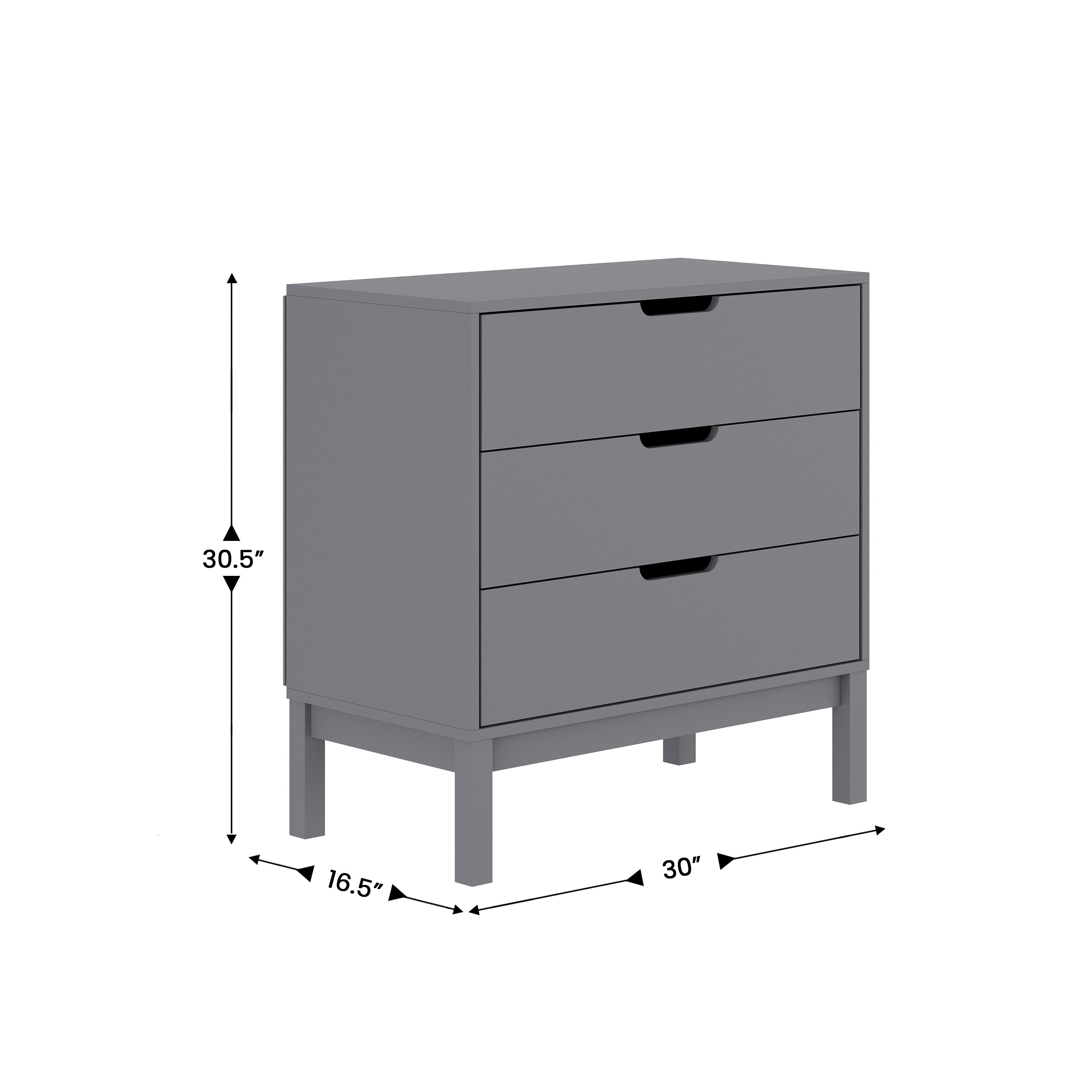Dallas Wooden 3-Drawer Dresser for Bedroom, Chest of Drawers for Kids in Gray