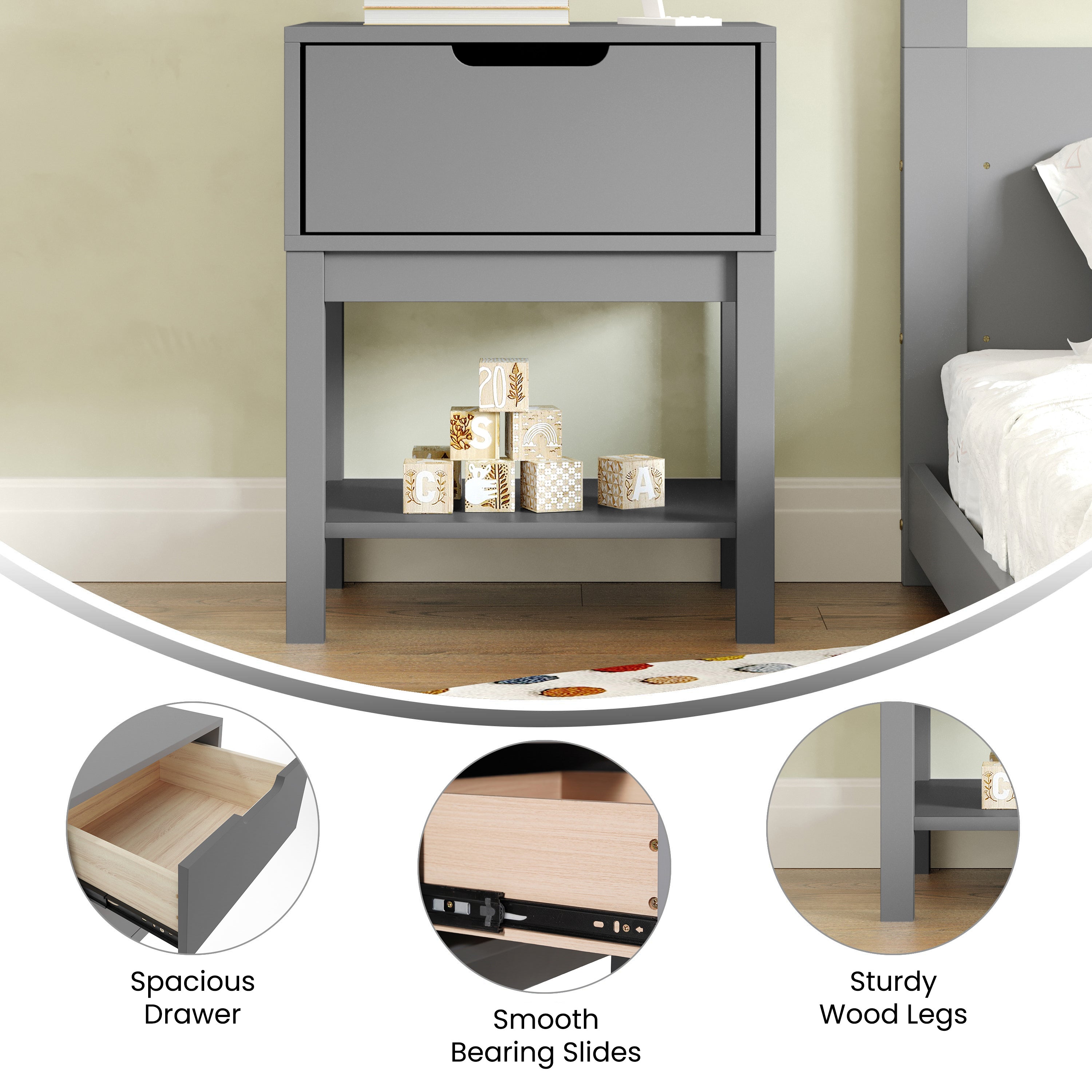Dallas Wooden Night Stand, Bedroom Side Table with Storage Drawer and Shelf for Kids in Gray