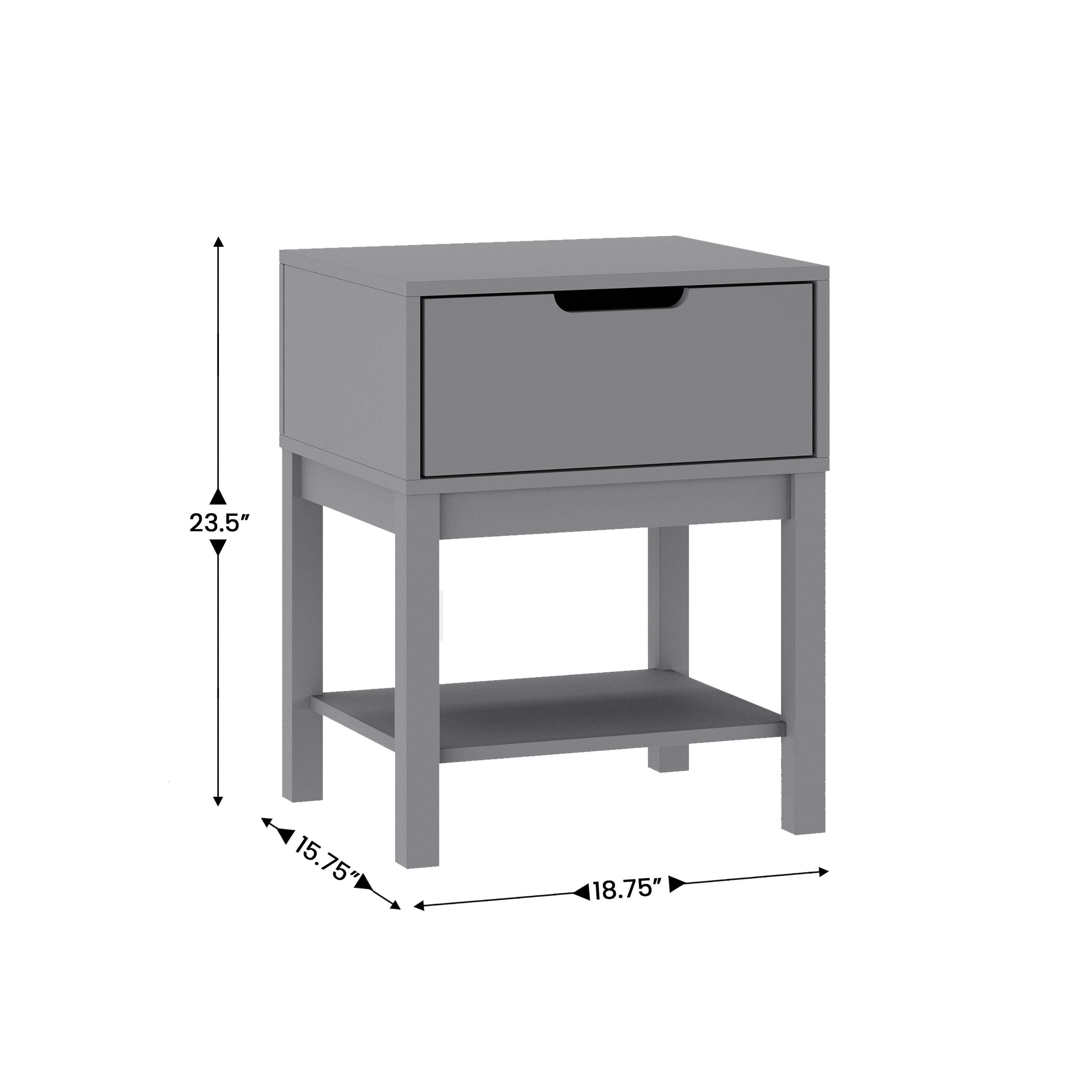 Dallas Wooden Night Stand, Bedroom Side Table with Storage Drawer and Shelf for Kids in Gray