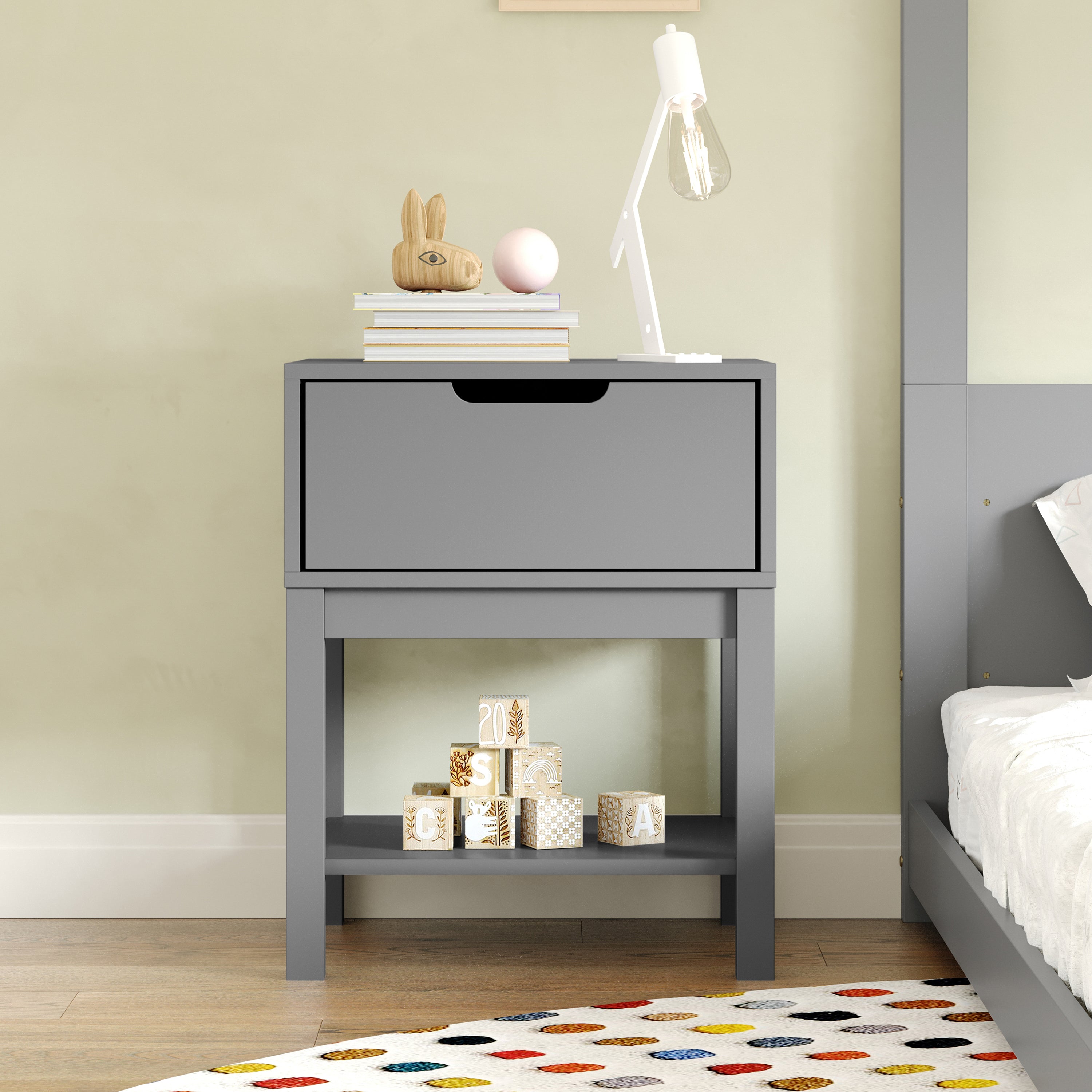 Dallas Wooden Night Stand, Bedroom Side Table with Storage Drawer and Shelf for Kids in Gray