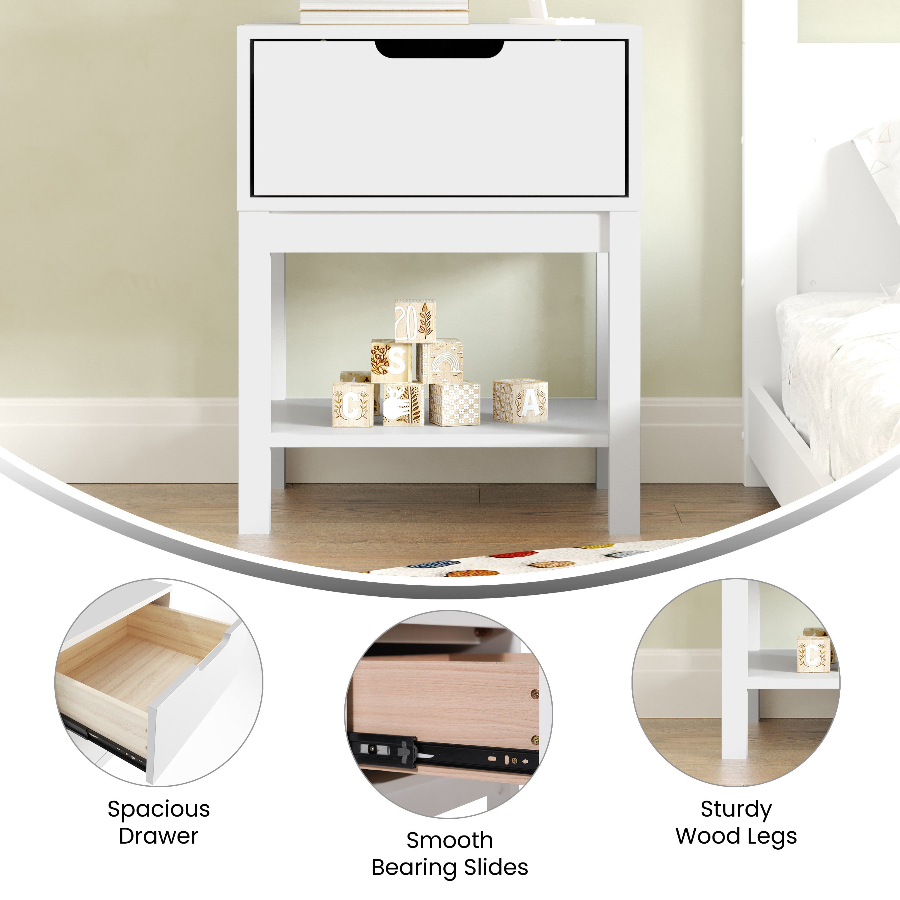 Dallas Wooden Night Stand, Bedroom Side Table with Storage Drawer and Shelf for Kids in White