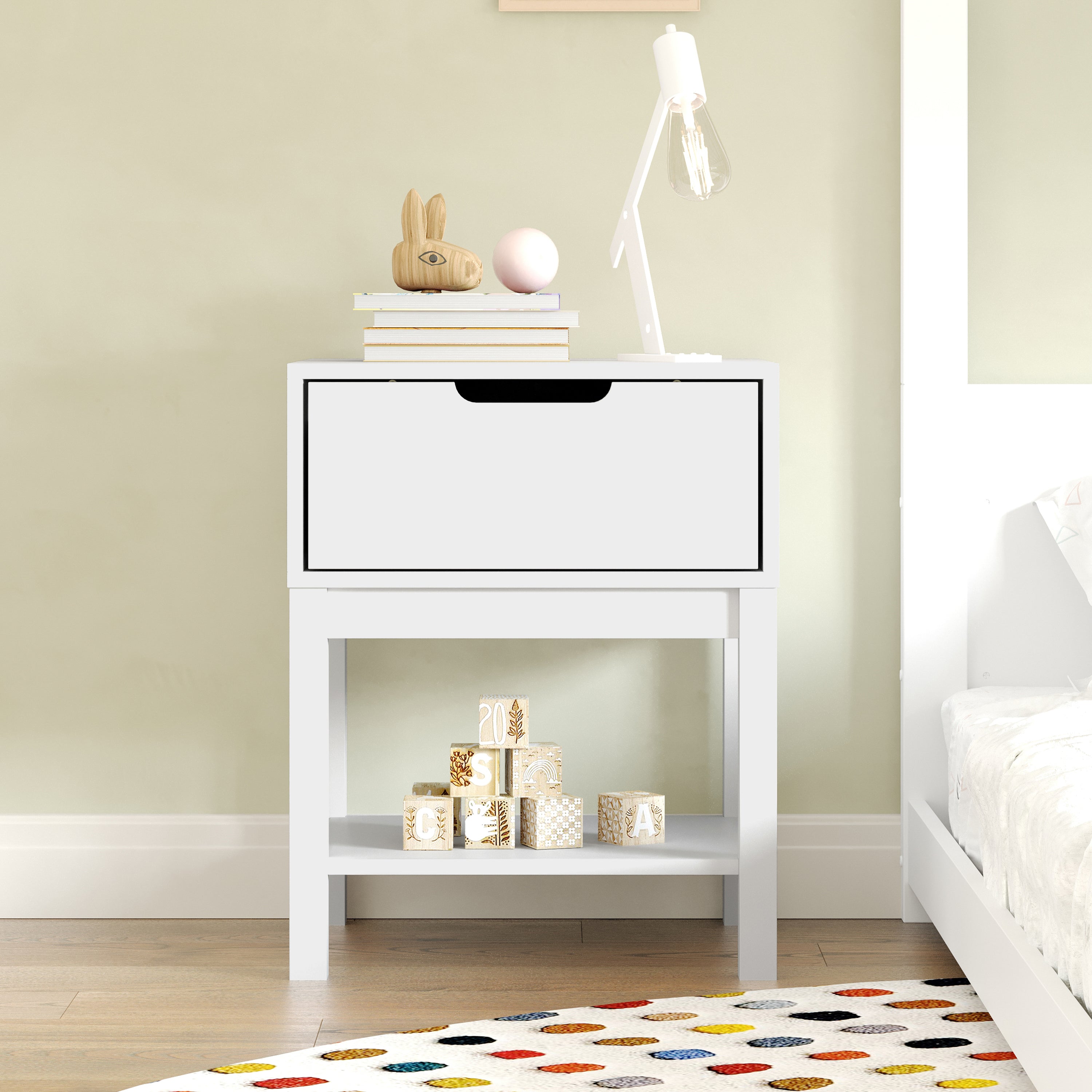 Dallas Wooden Night Stand, Bedroom Side Table with Storage Drawer and Shelf for Kids in White