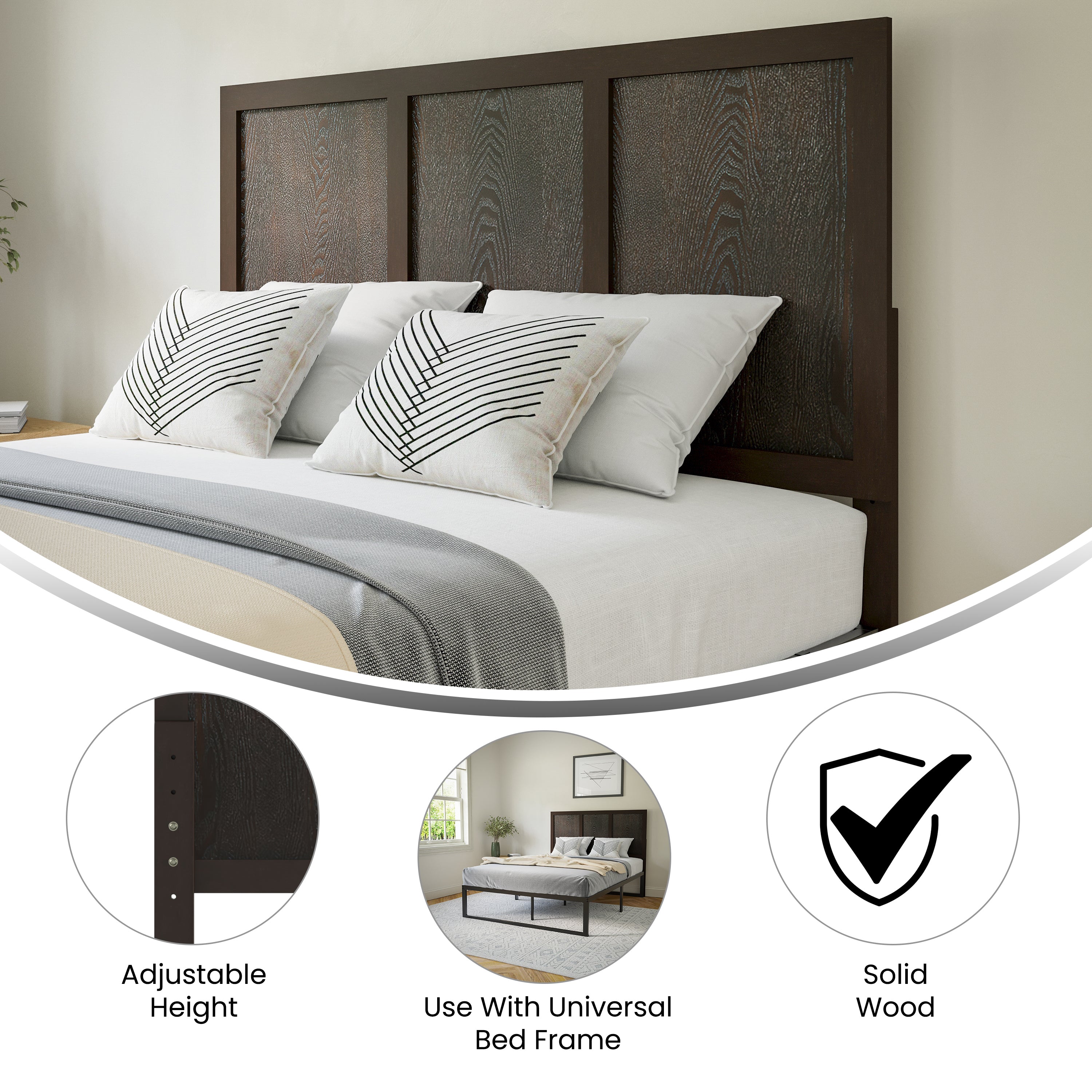 Oliver Full Size Three Panel Wooden Adjustable Headboard for Universal Metal Bed Frames in Dark Brown