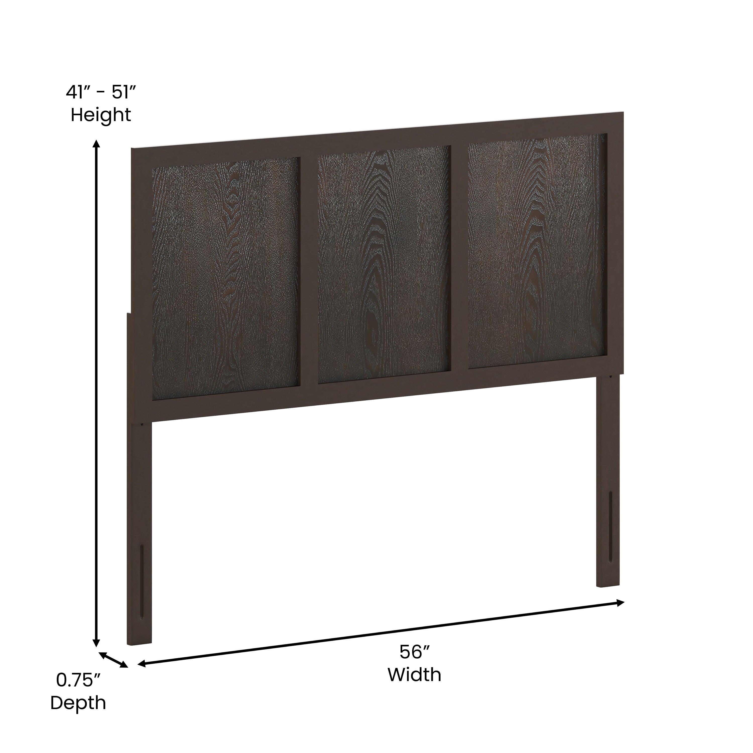 Oliver Full Size Three Panel Wooden Adjustable Headboard for Universal Metal Bed Frames in Dark Brown