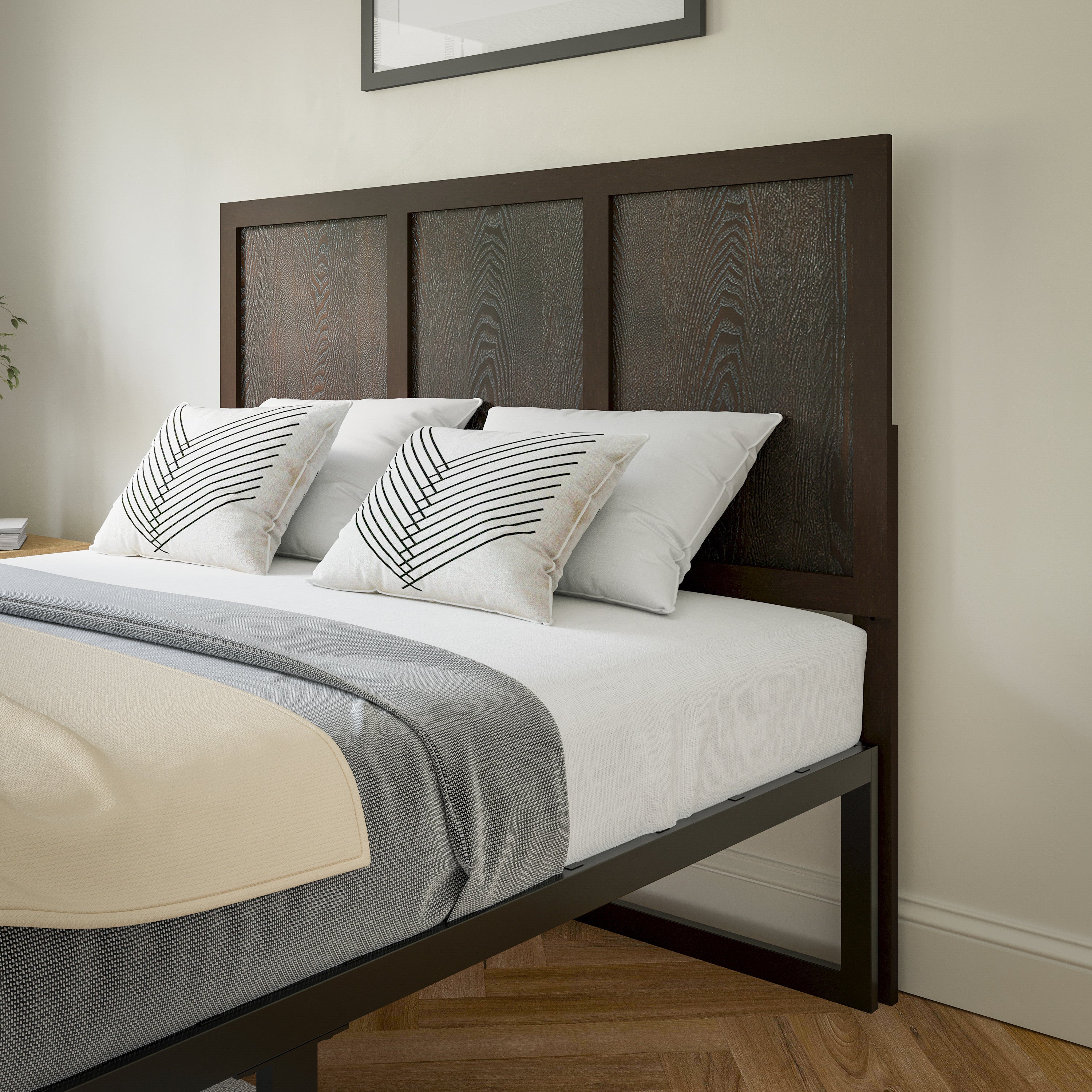 Oliver Full Size Three Panel Wooden Adjustable Headboard for Universal Metal Bed Frames in Dark Brown