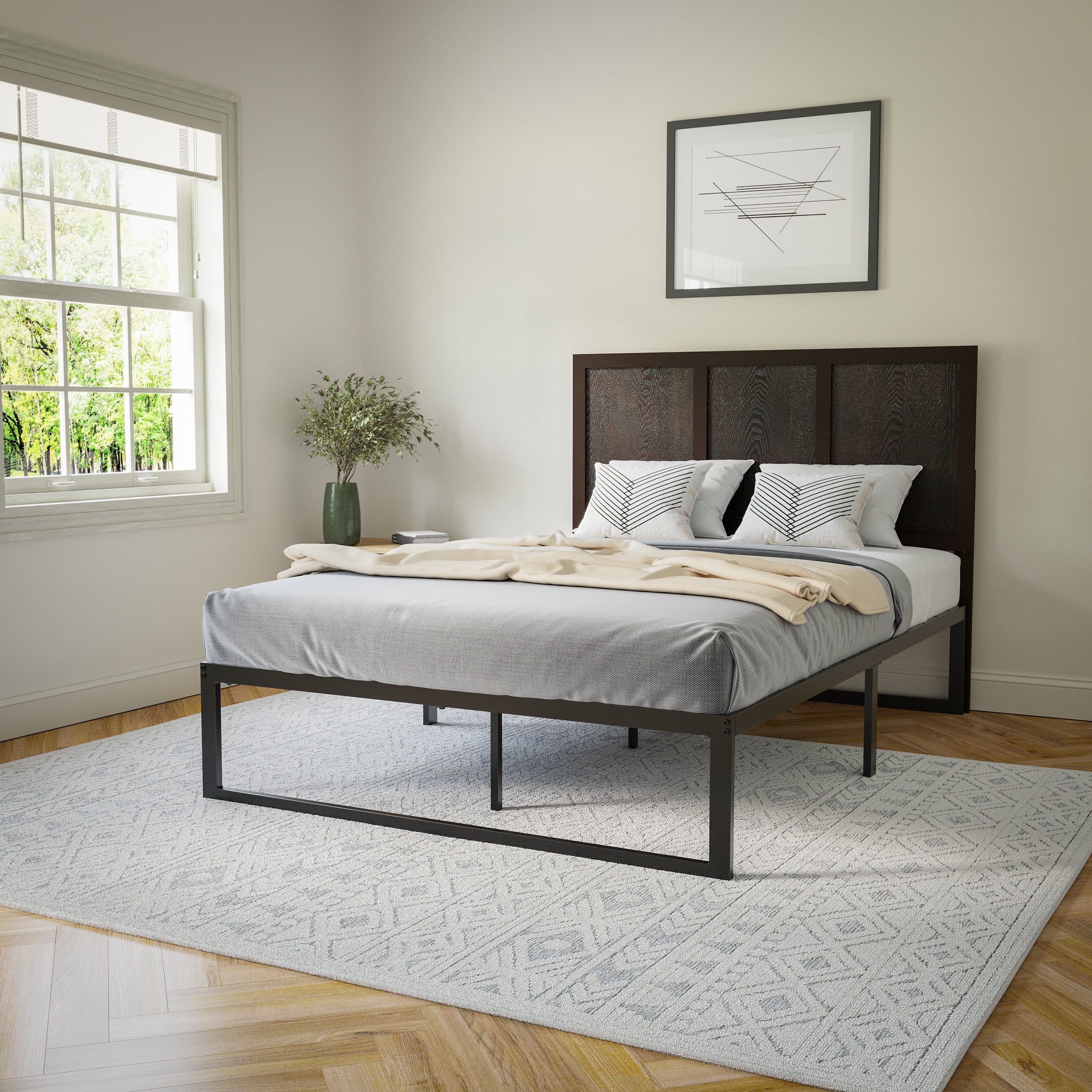 Oliver Full Size Three Panel Wooden Adjustable Headboard for Universal Metal Bed Frames in Dark Brown