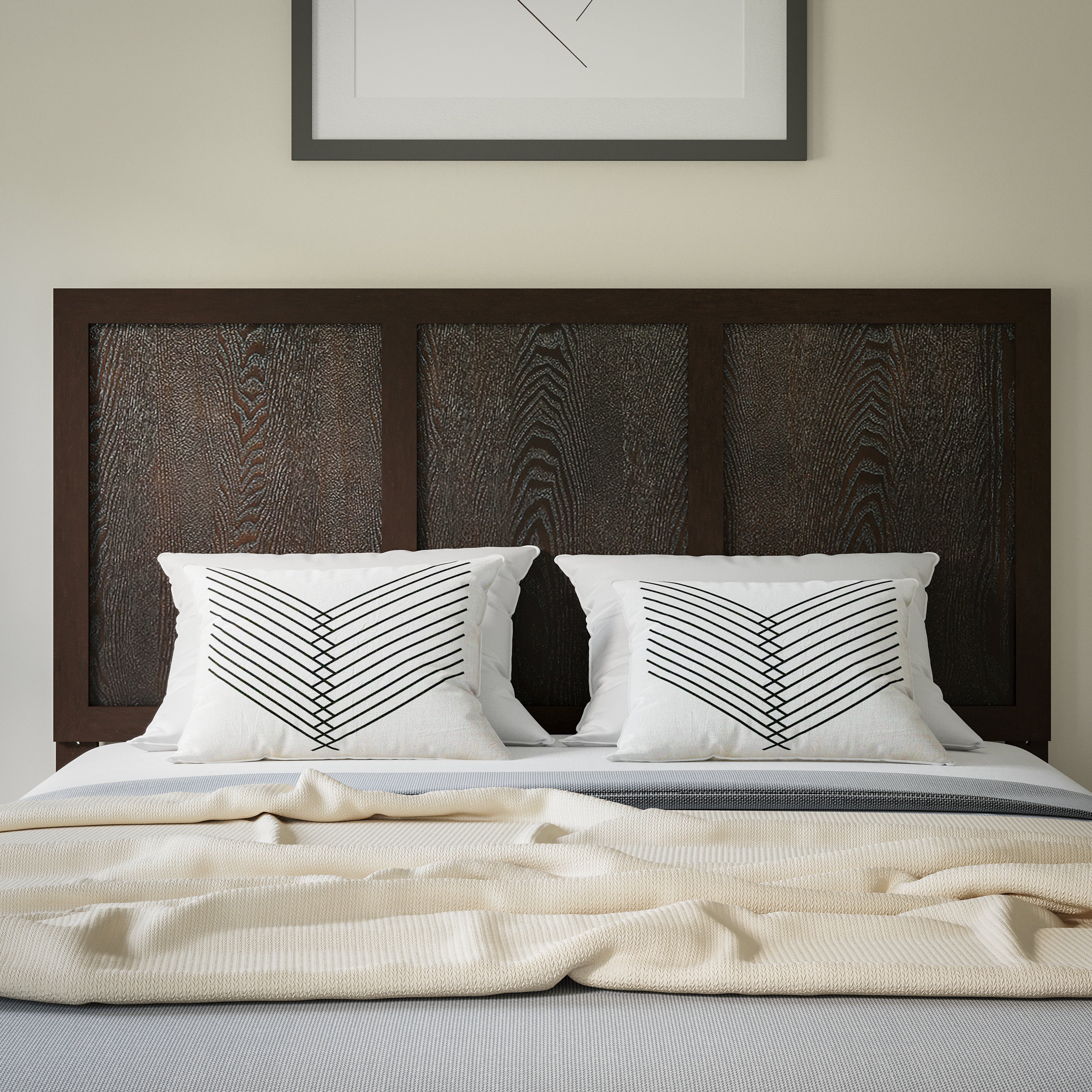 Oliver Full Size Three Panel Wooden Adjustable Headboard for Universal Metal Bed Frames in Dark Brown