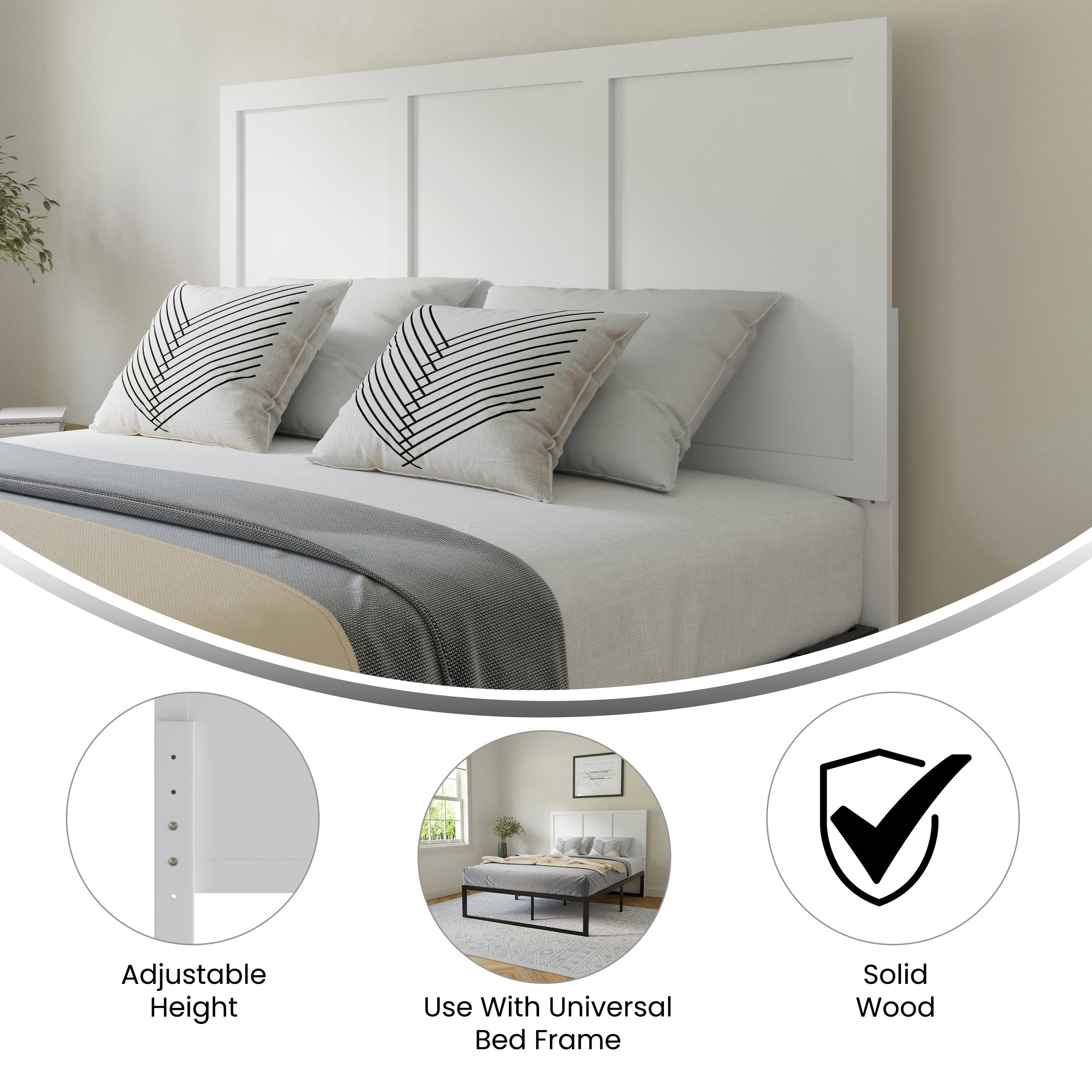 Oliver Full Size Three Panel Wooden Adjustable Headboard for Universal Metal Bed Frames in White