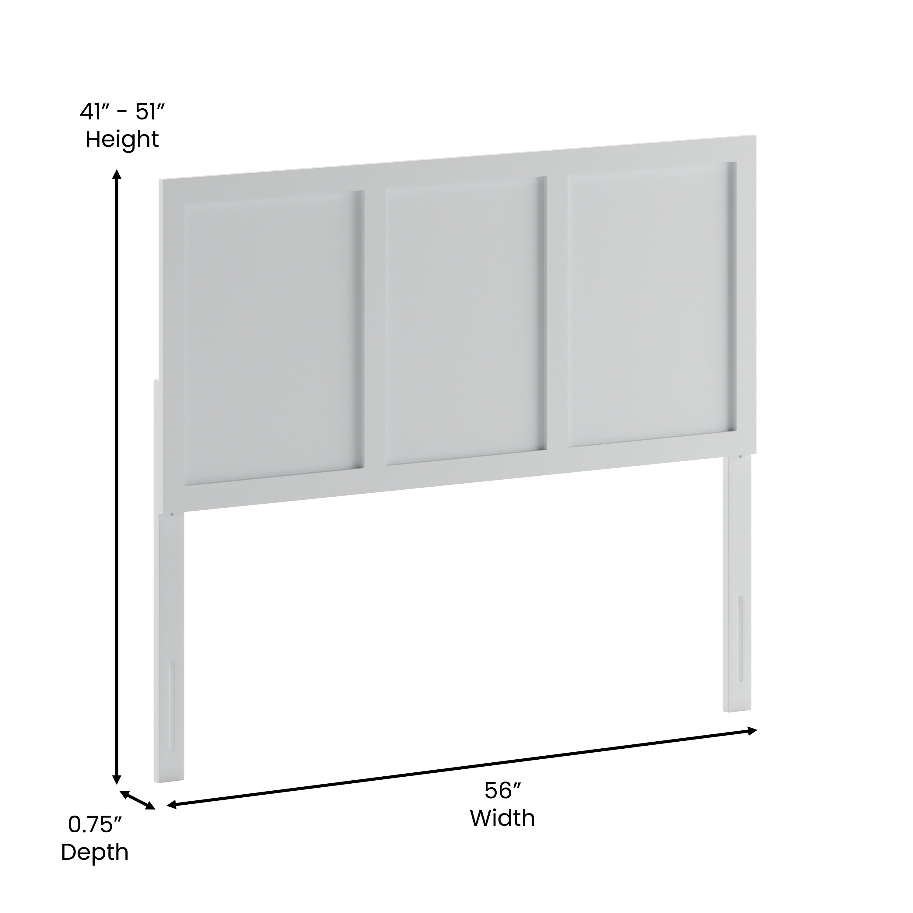 Oliver Full Size Three Panel Wooden Adjustable Headboard for Universal Metal Bed Frames in White