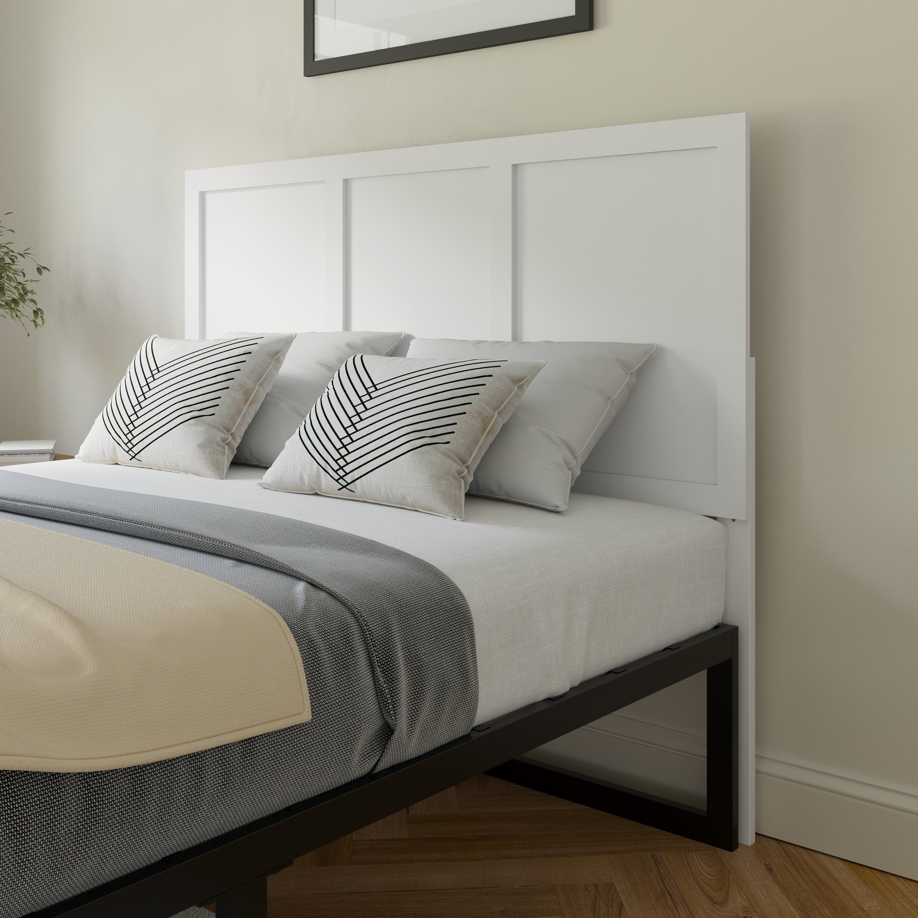Oliver Full Size Three Panel Wooden Adjustable Headboard for Universal Metal Bed Frames in White