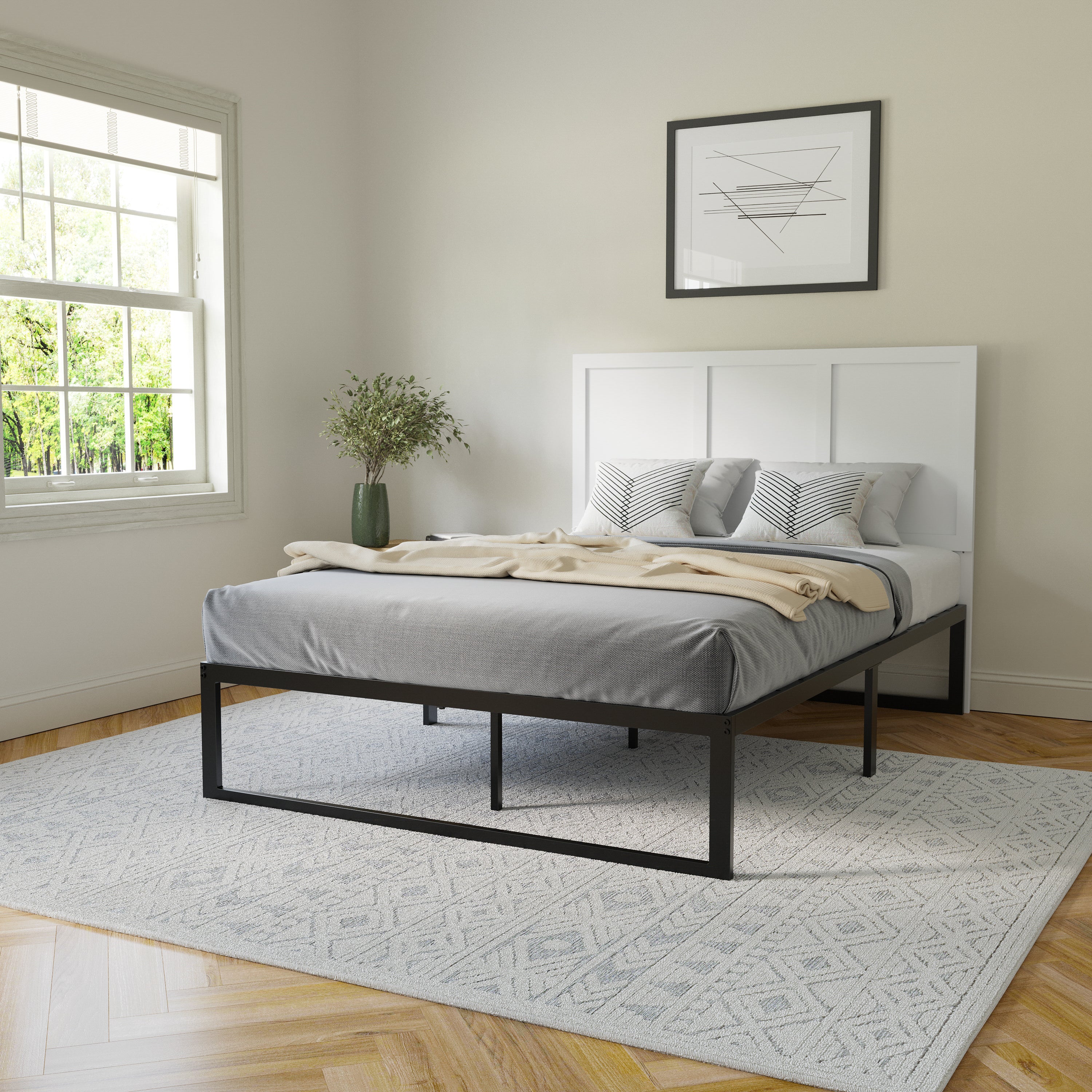 Oliver Full Size Three Panel Wooden Adjustable Headboard for Universal Metal Bed Frames in White