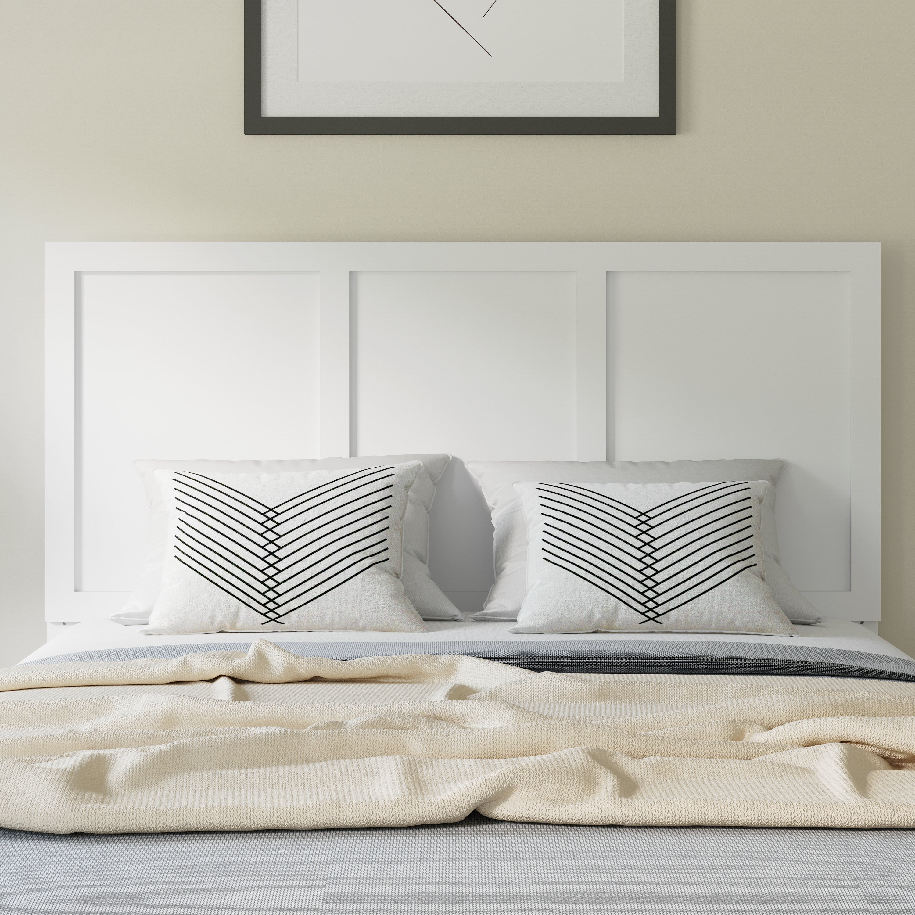 Oliver Full Size Three Panel Wooden Adjustable Headboard for Universal Metal Bed Frames in White
