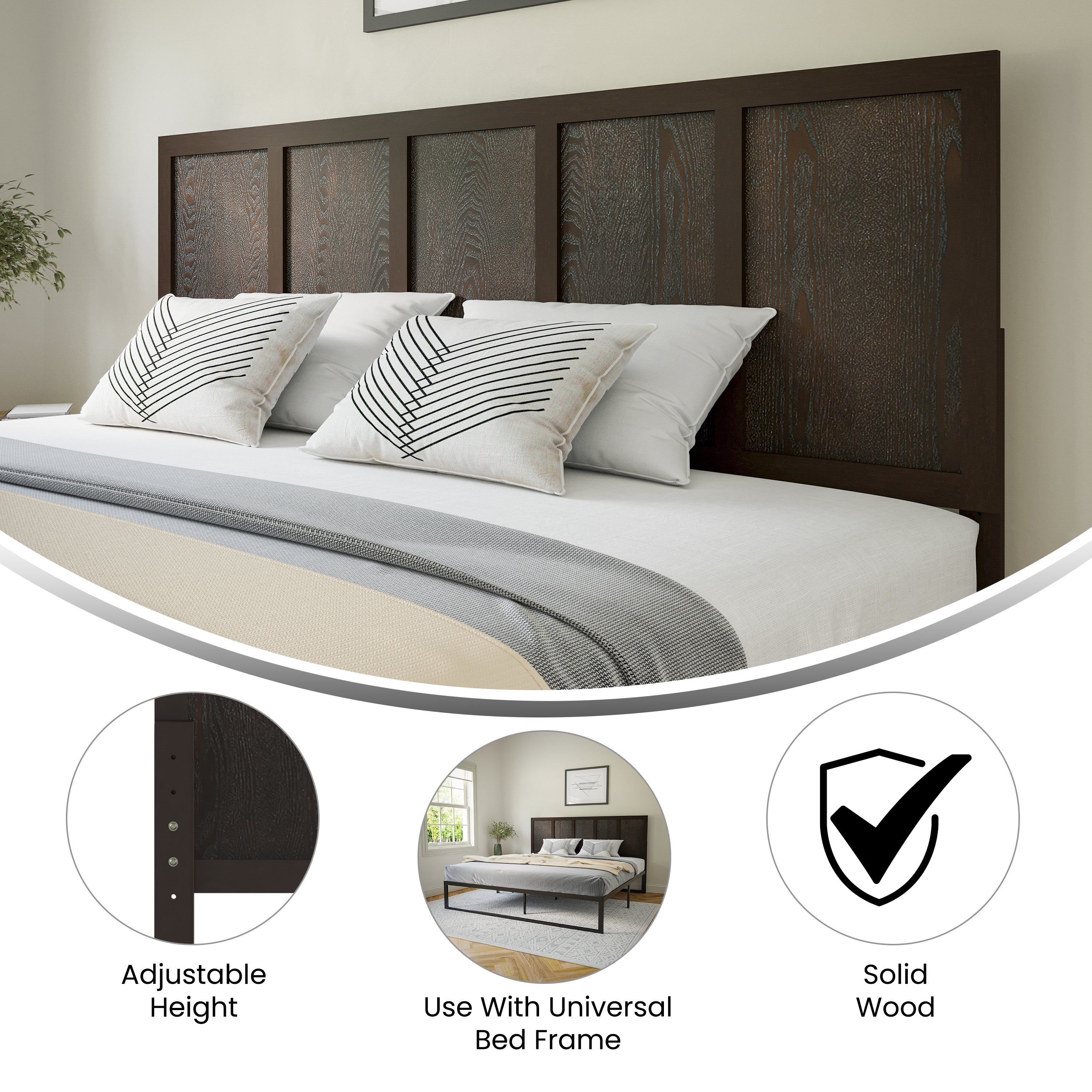 Oliver King Size Four Panel Wooden Adjustable Headboard for Universal Metal Bed Frames in Dark Brown