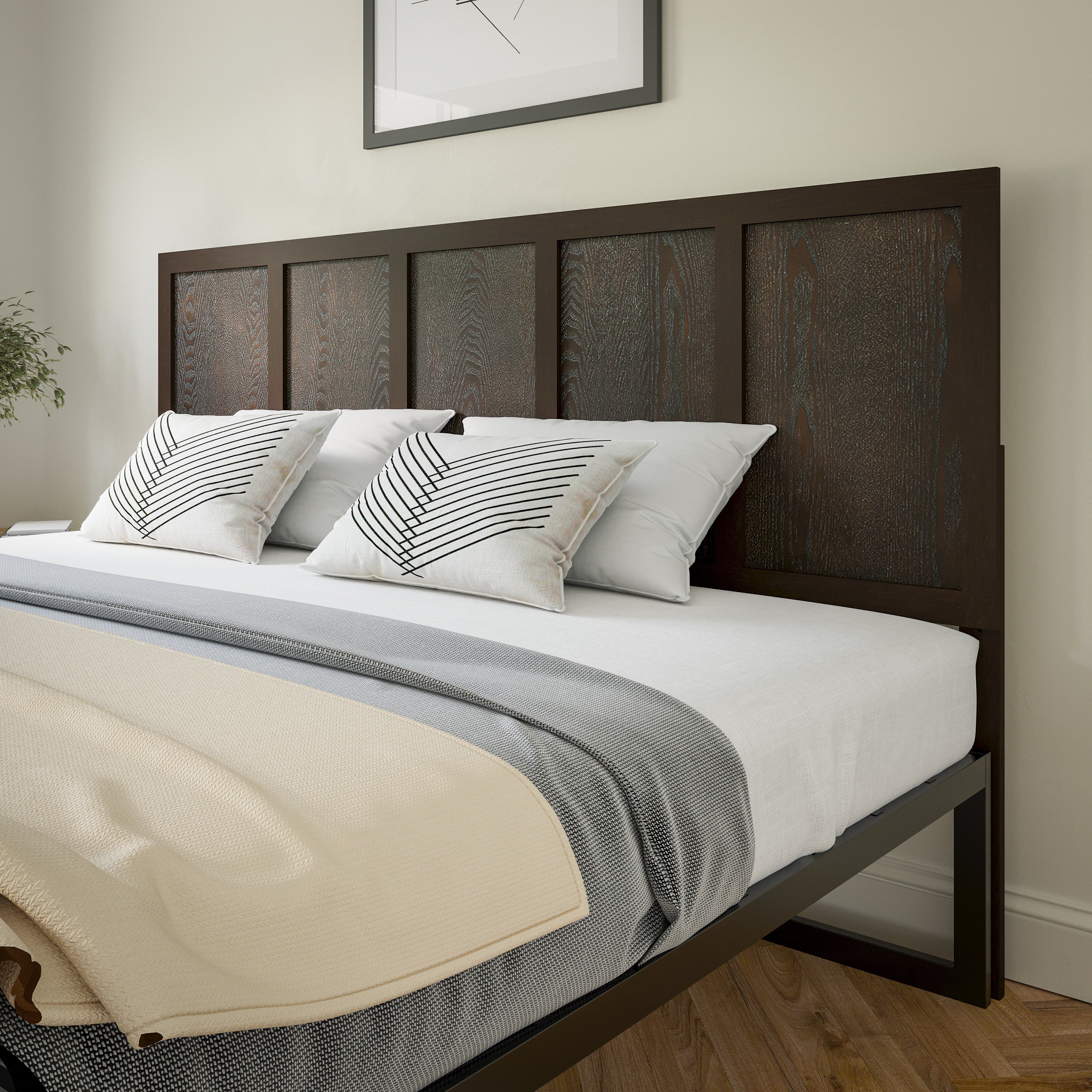 Oliver King Size Four Panel Wooden Adjustable Headboard for Universal Metal Bed Frames in Dark Brown