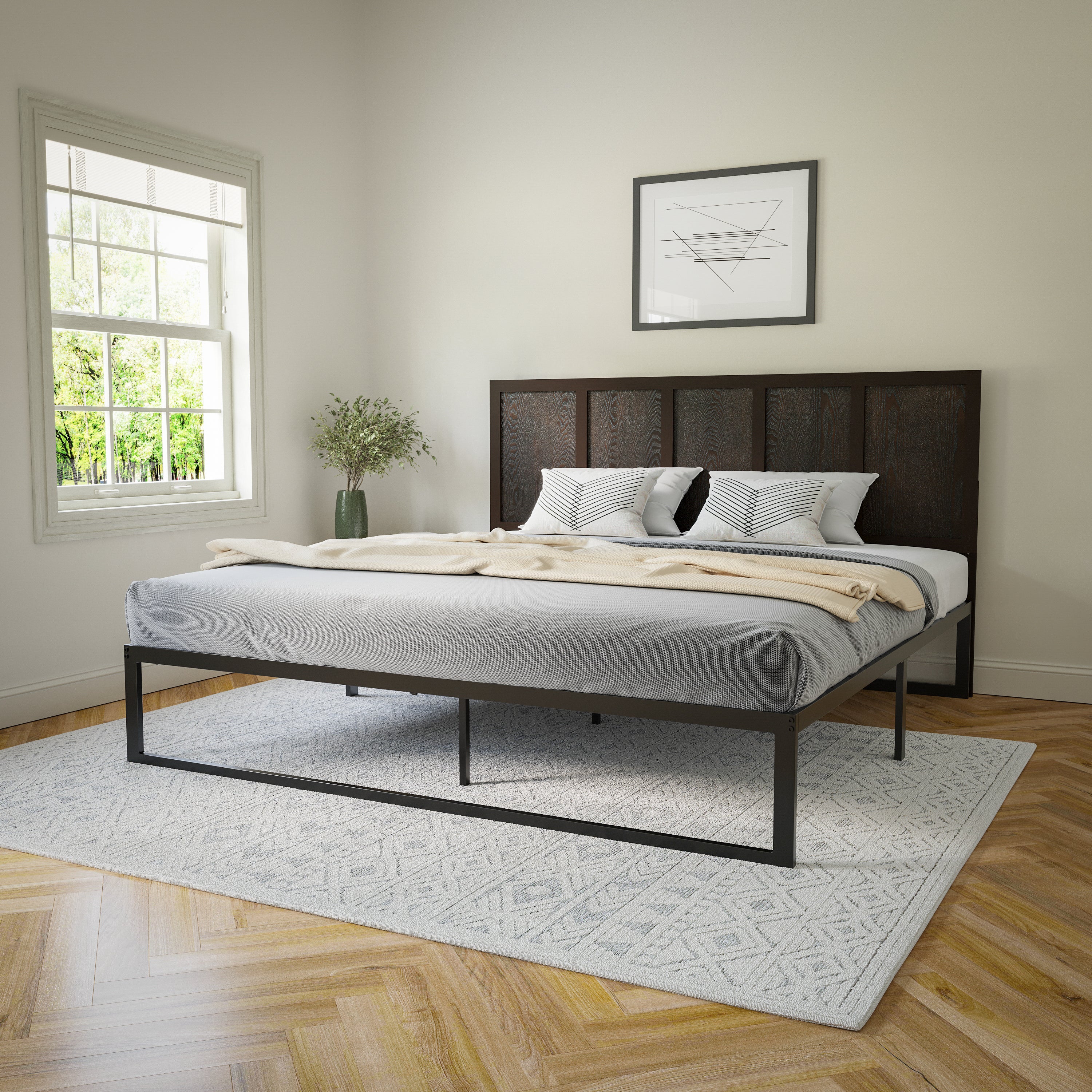 Oliver King Size Four Panel Wooden Adjustable Headboard for Universal Metal Bed Frames in Dark Brown