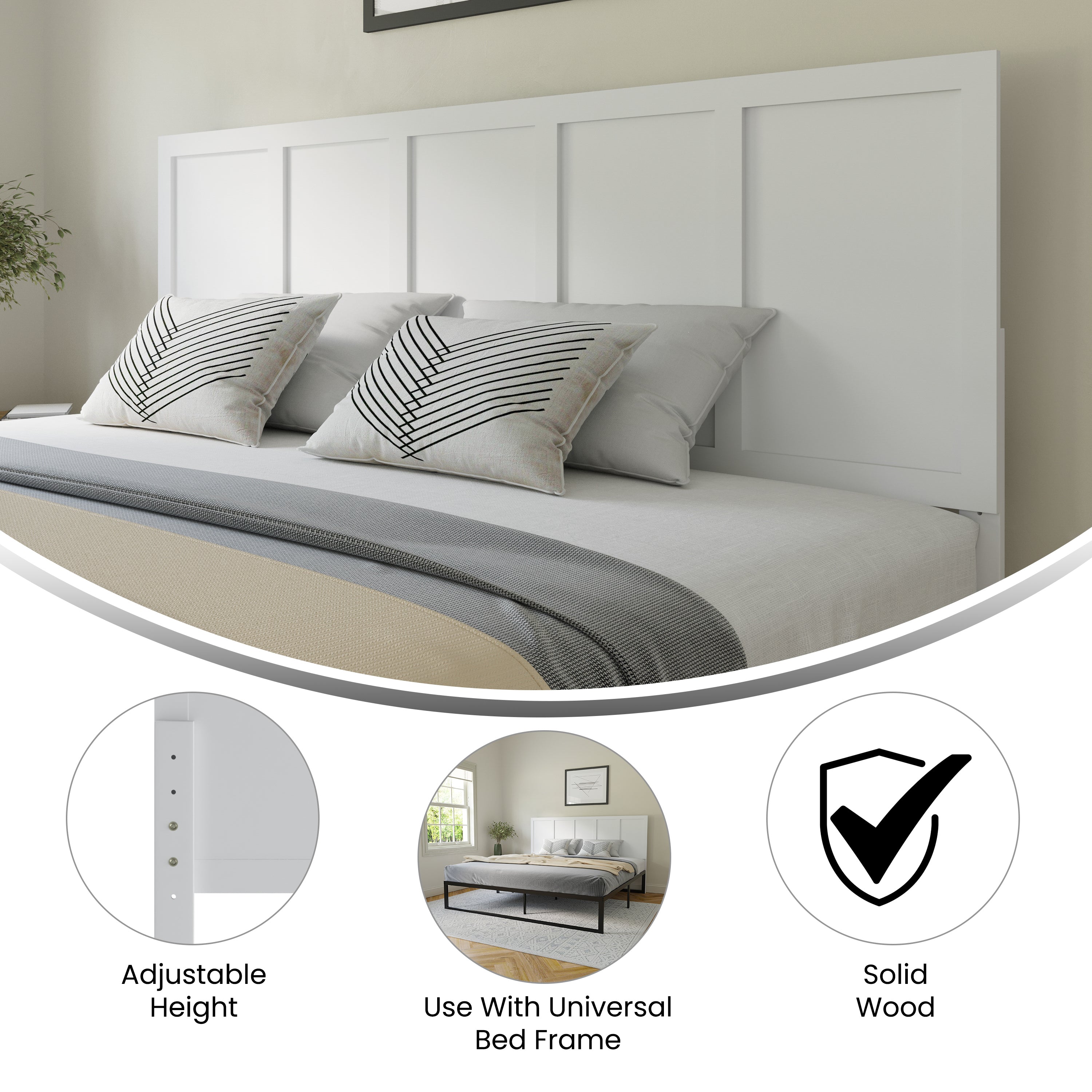 Oliver King Size Four Panel Wooden Adjustable Headboard for Universal Metal Bed Frames in White