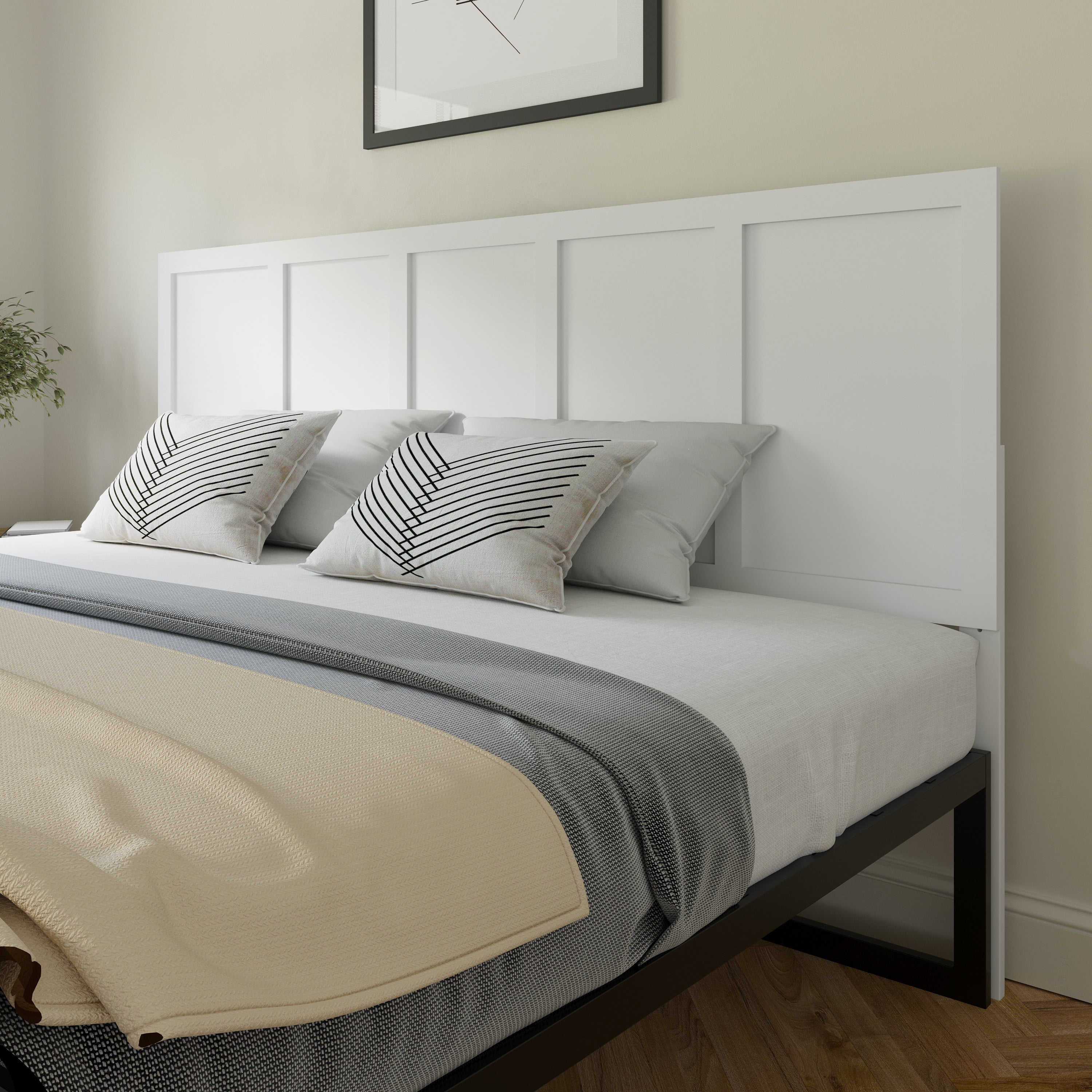 Oliver King Size Four Panel Wooden Adjustable Headboard for Universal Metal Bed Frames in White