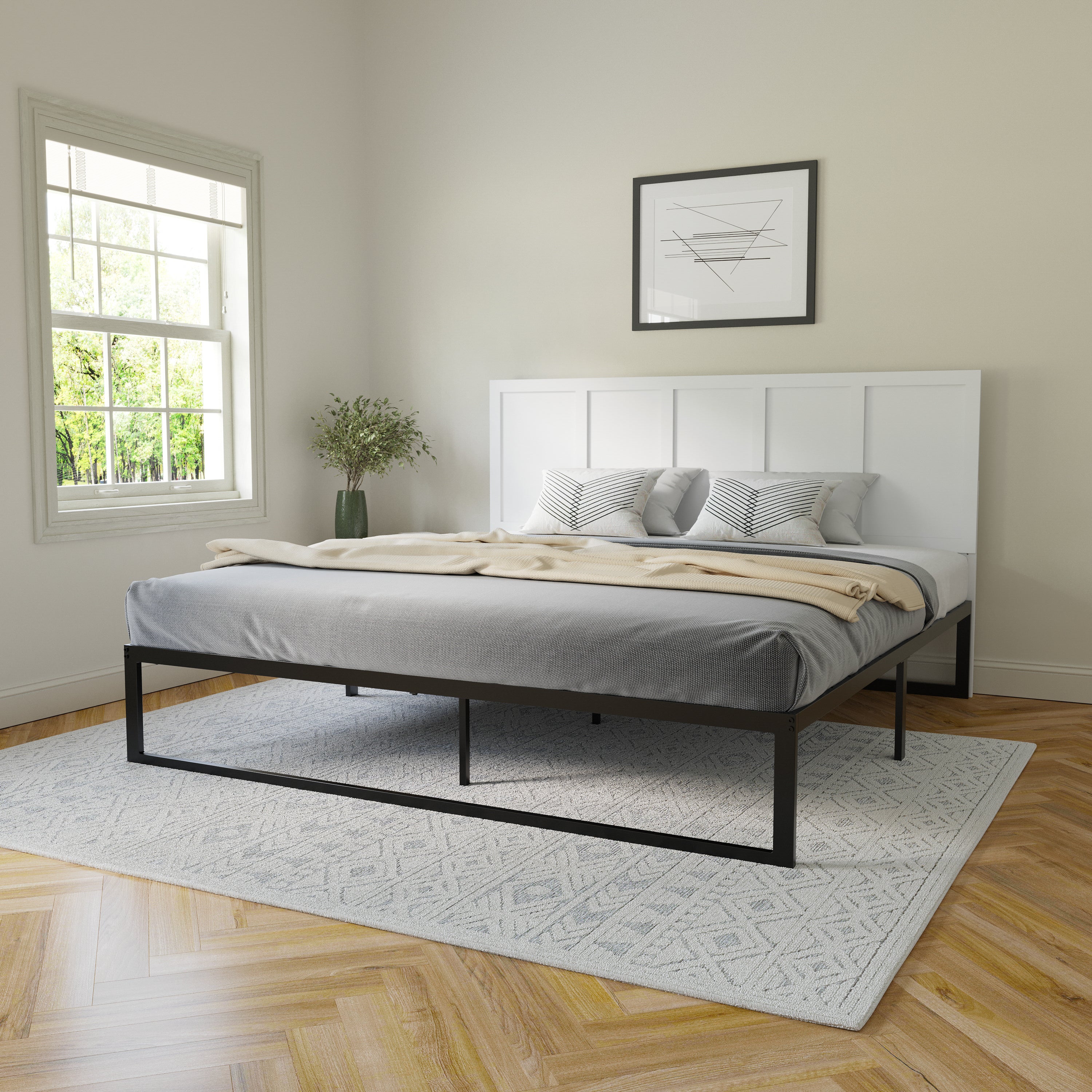 Oliver King Size Four Panel Wooden Adjustable Headboard for Universal Metal Bed Frames in White