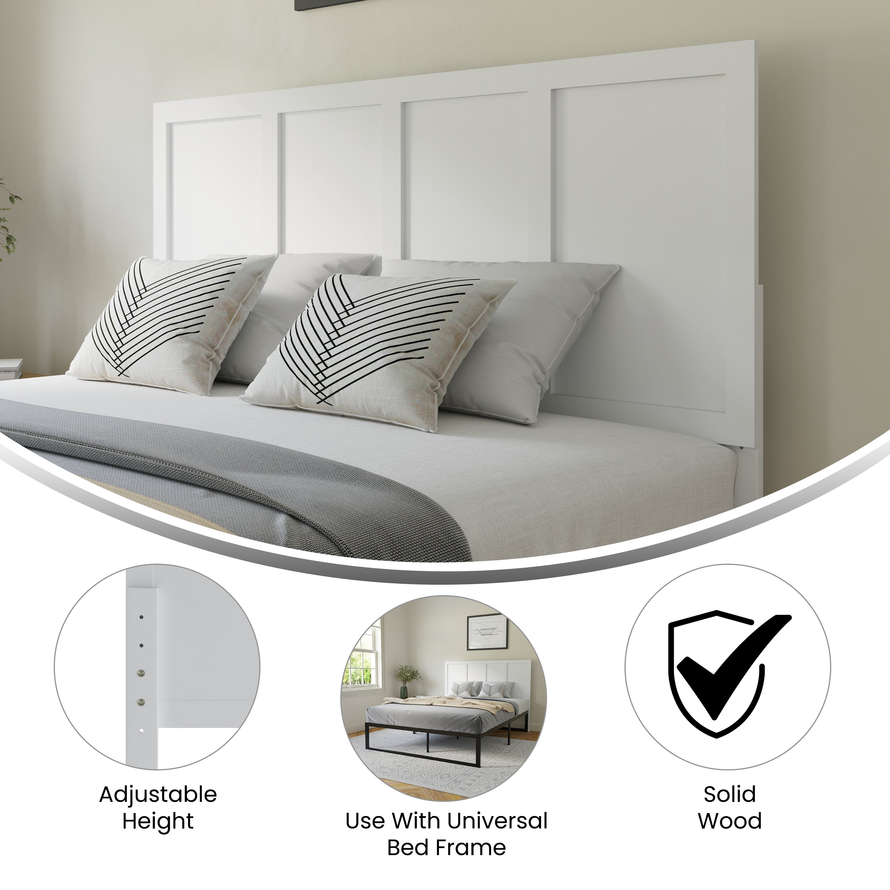 Oliver Queen Size Four Panel Wooden Adjustable Headboard for Universal Metal Bed Frames in White