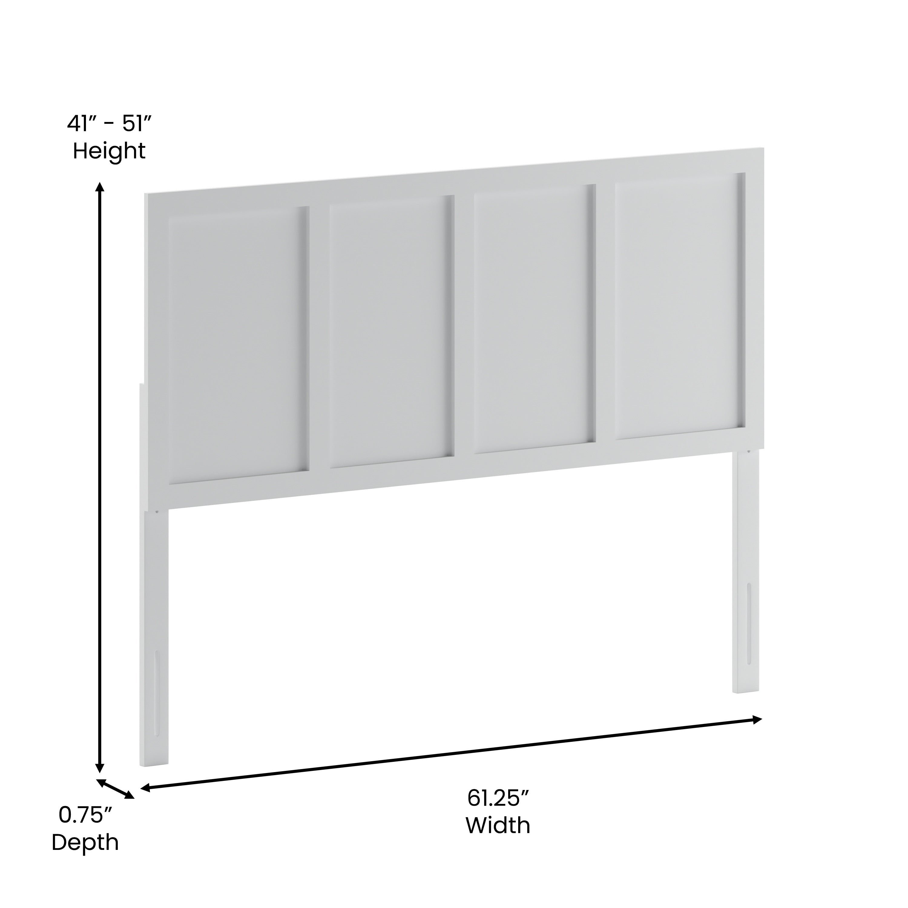 Oliver Queen Size Four Panel Wooden Adjustable Headboard for Universal Metal Bed Frames in White