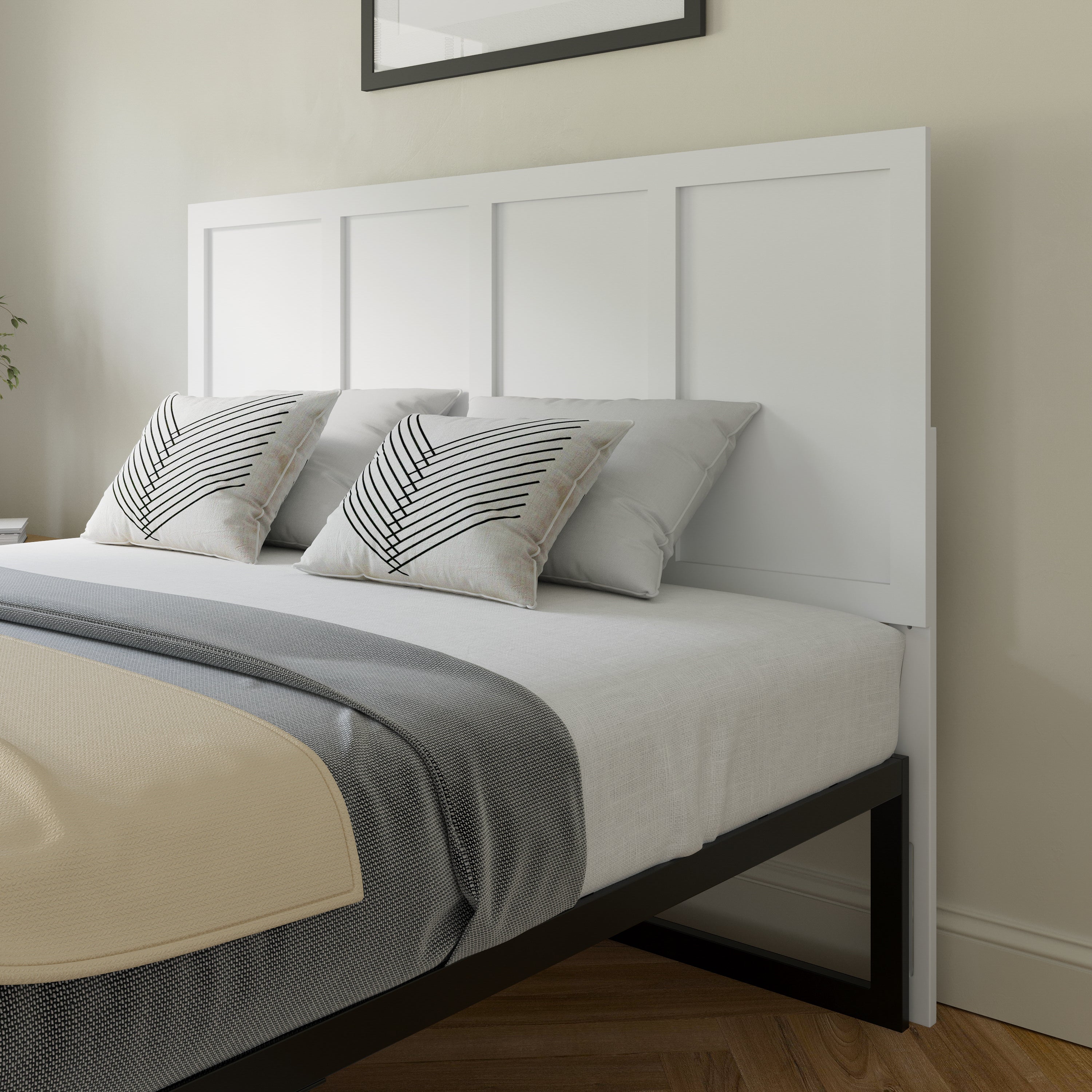Oliver Queen Size Four Panel Wooden Adjustable Headboard for Universal Metal Bed Frames in White