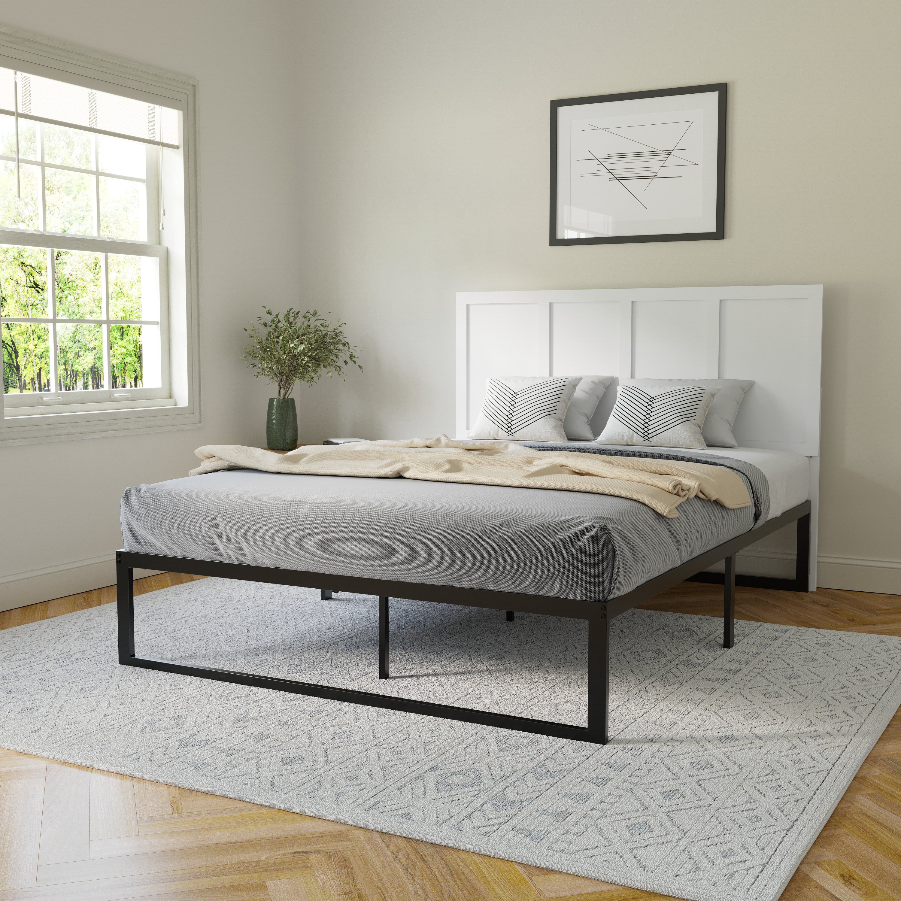 Oliver Queen Size Four Panel Wooden Adjustable Headboard for Universal Metal Bed Frames in White