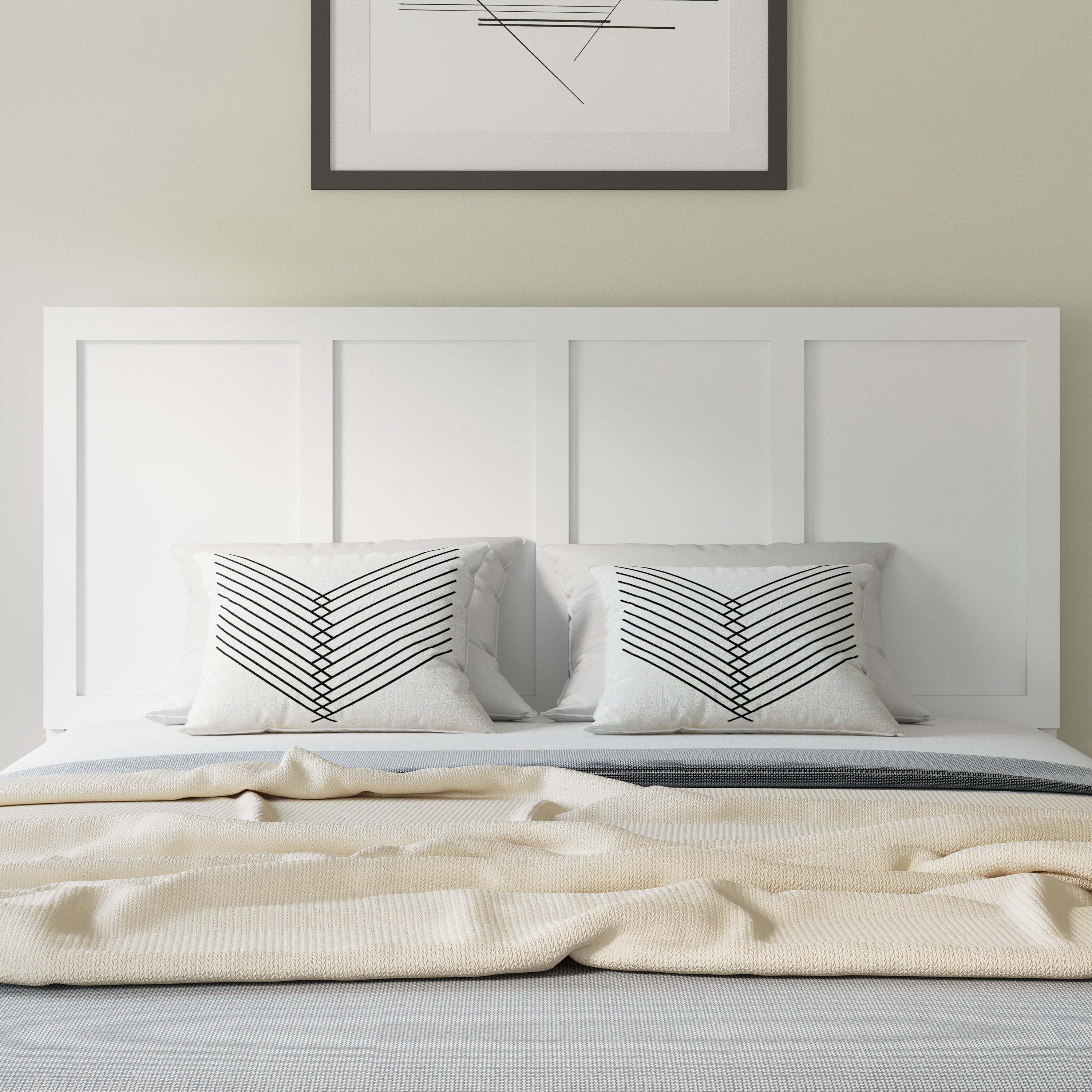 Oliver Queen Size Four Panel Wooden Adjustable Headboard for Universal Metal Bed Frames in White