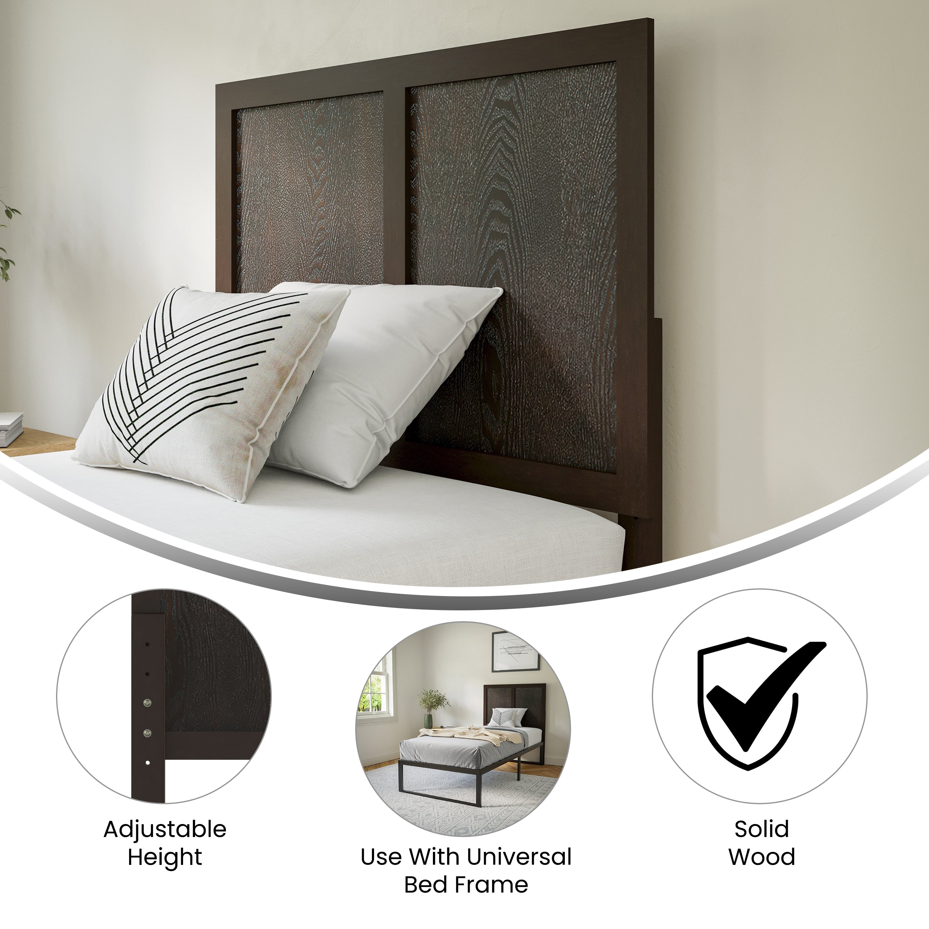 Oliver Twin Size Two Panel Wooden Adjustable Headboard for Universal Metal Bed Frames in Dark Brown