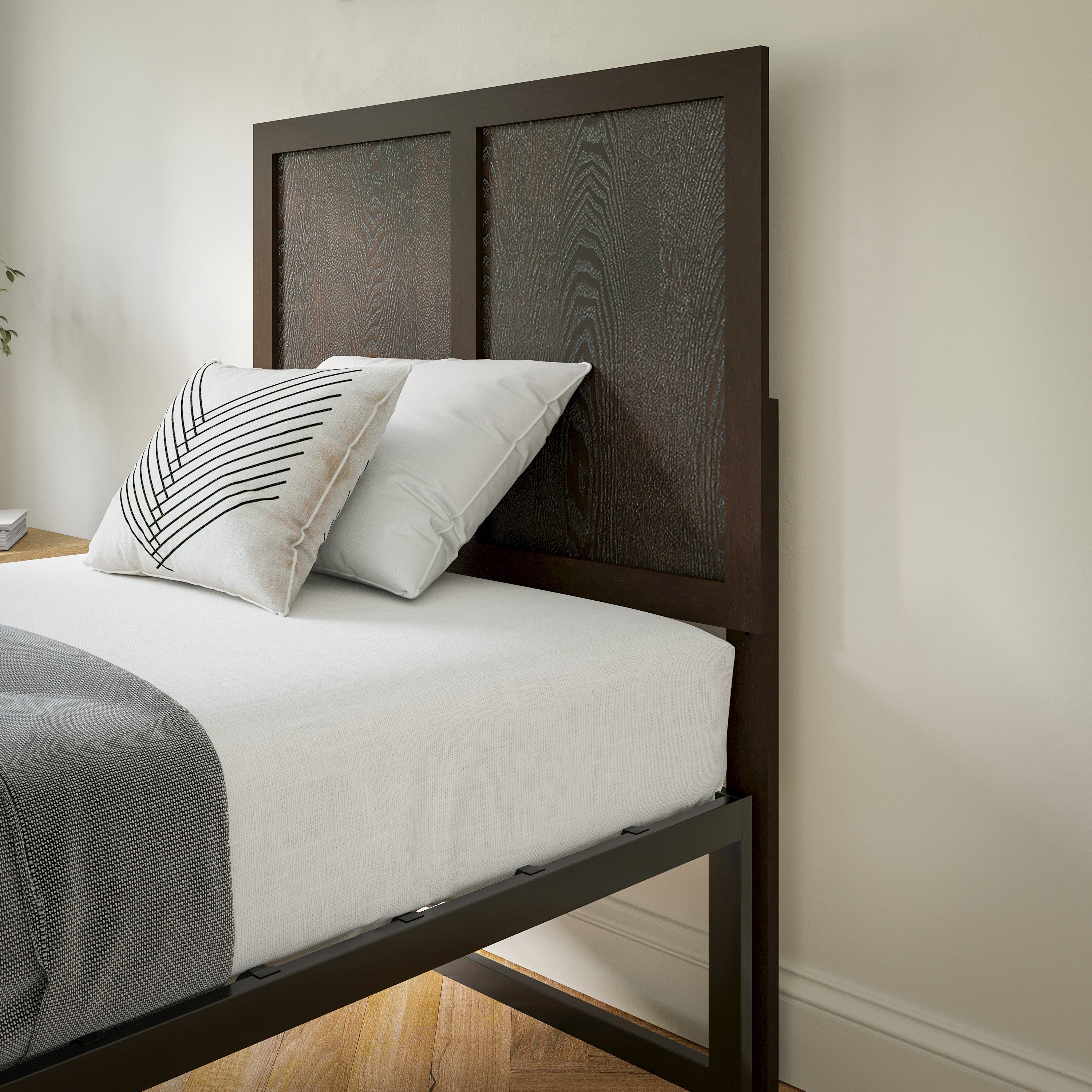 Oliver Twin Size Two Panel Wooden Adjustable Headboard for Universal Metal Bed Frames in Dark Brown