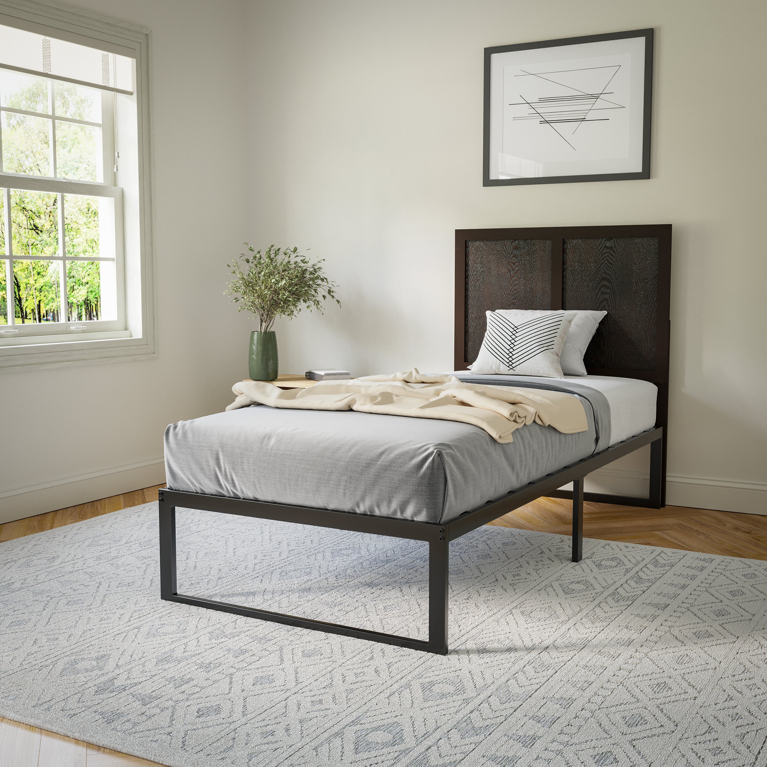 Oliver Twin Size Two Panel Wooden Adjustable Headboard for Universal Metal Bed Frames in Dark Brown