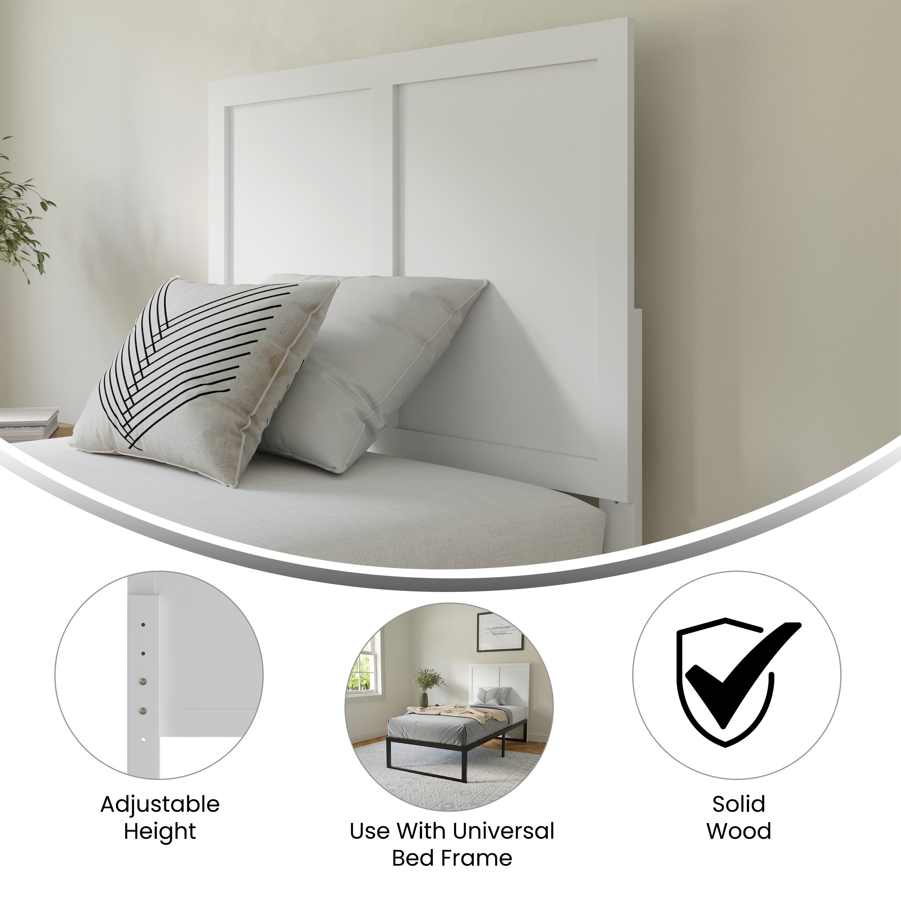 Oliver Twin Size Two Panel Wooden Adjustable Headboard for Universal Metal Bed Frames in White