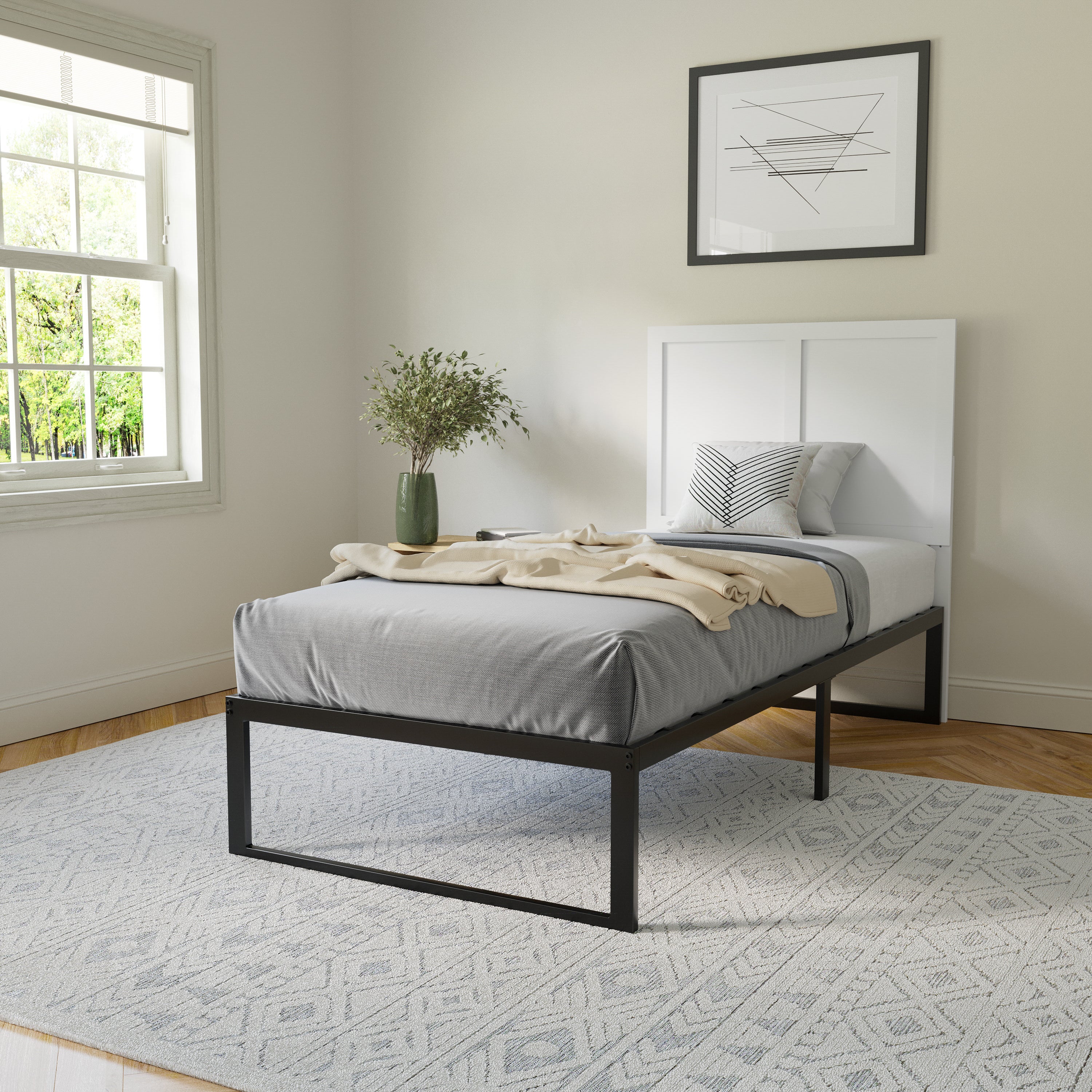 Oliver Twin Size Two Panel Wooden Adjustable Headboard for Universal Metal Bed Frames in White