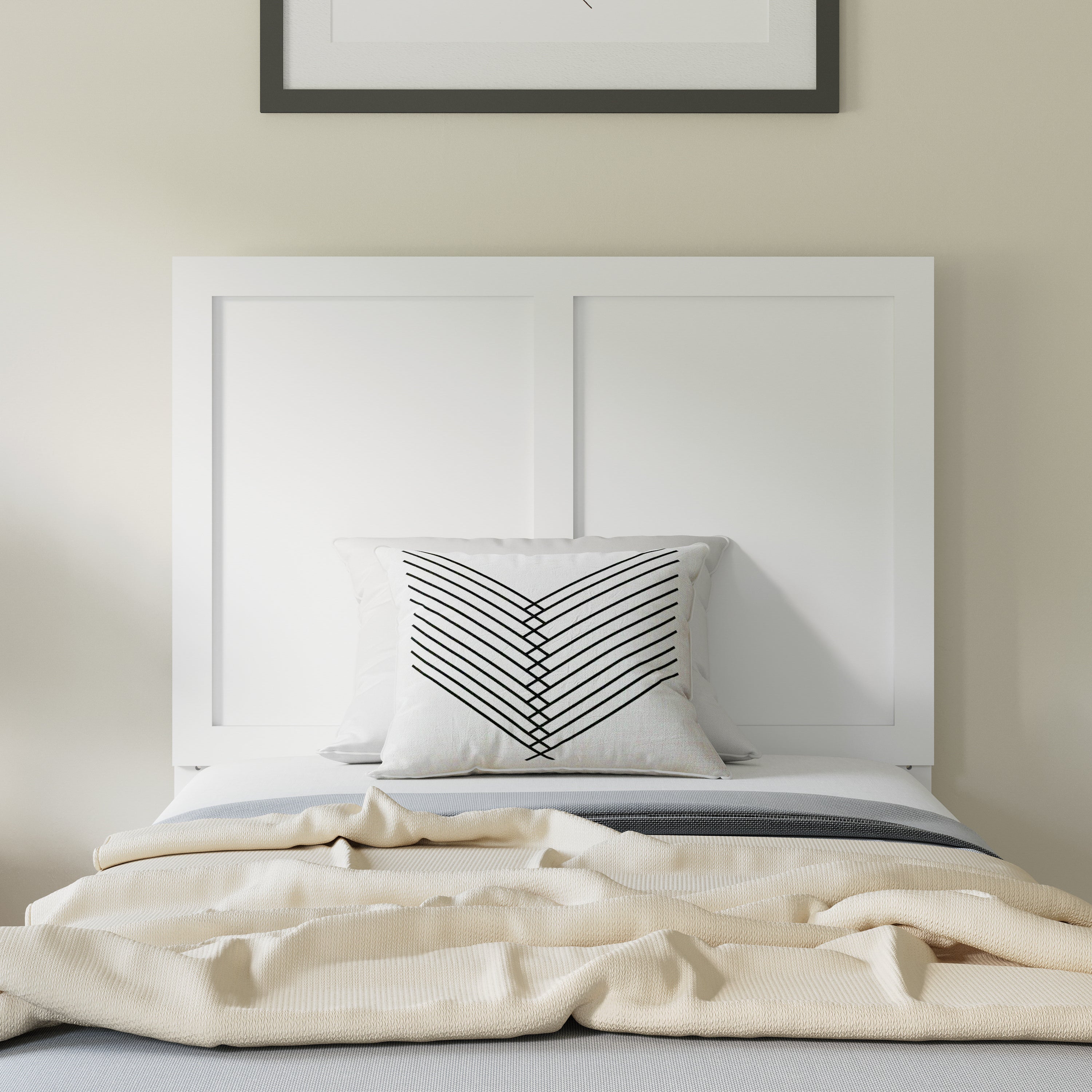 Oliver Twin Size Two Panel Wooden Adjustable Headboard for Universal Metal Bed Frames in White