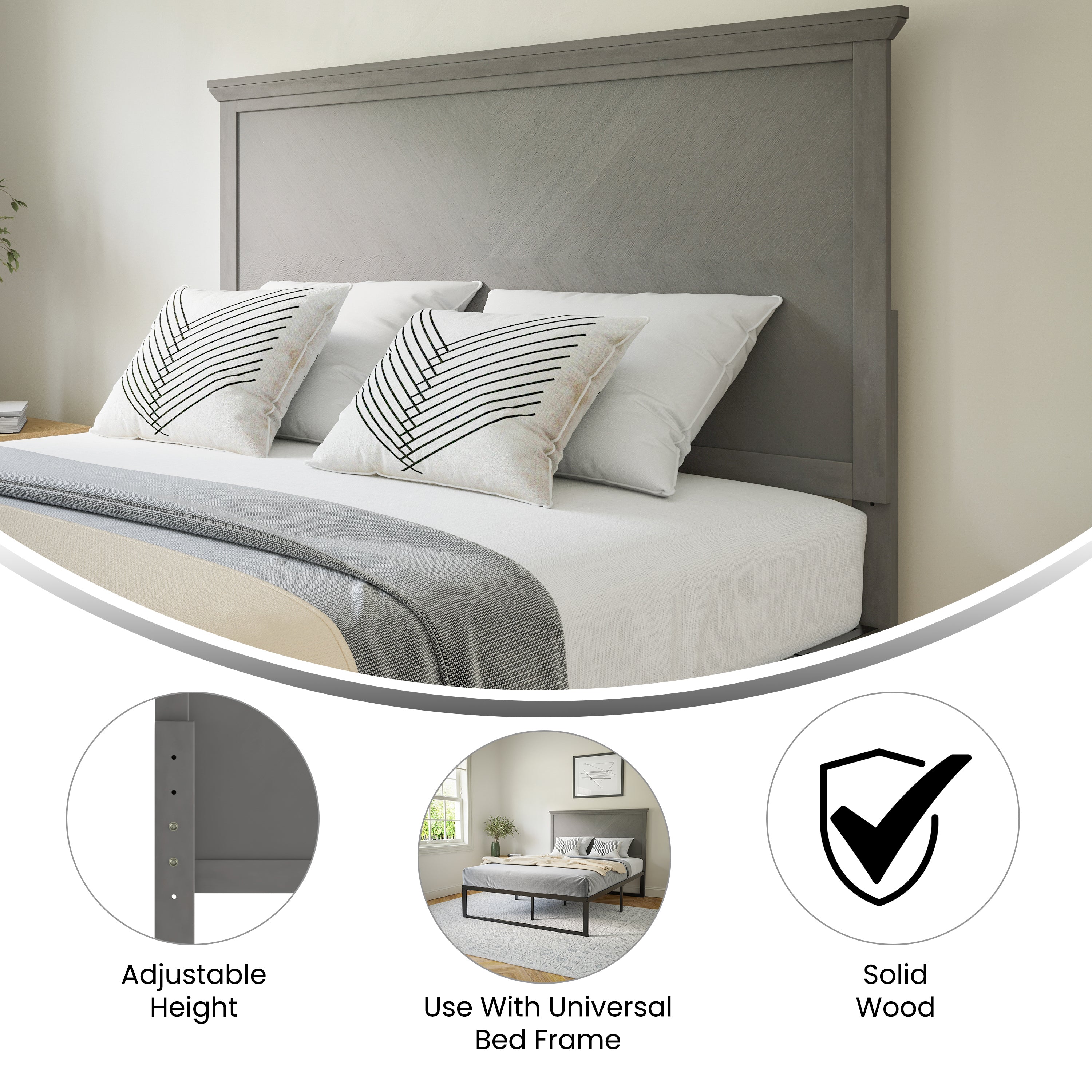 Fiona Full Size Herringbone Wooden Adjustable Headboard for Universal Metal Bed Frames in Gray Wash