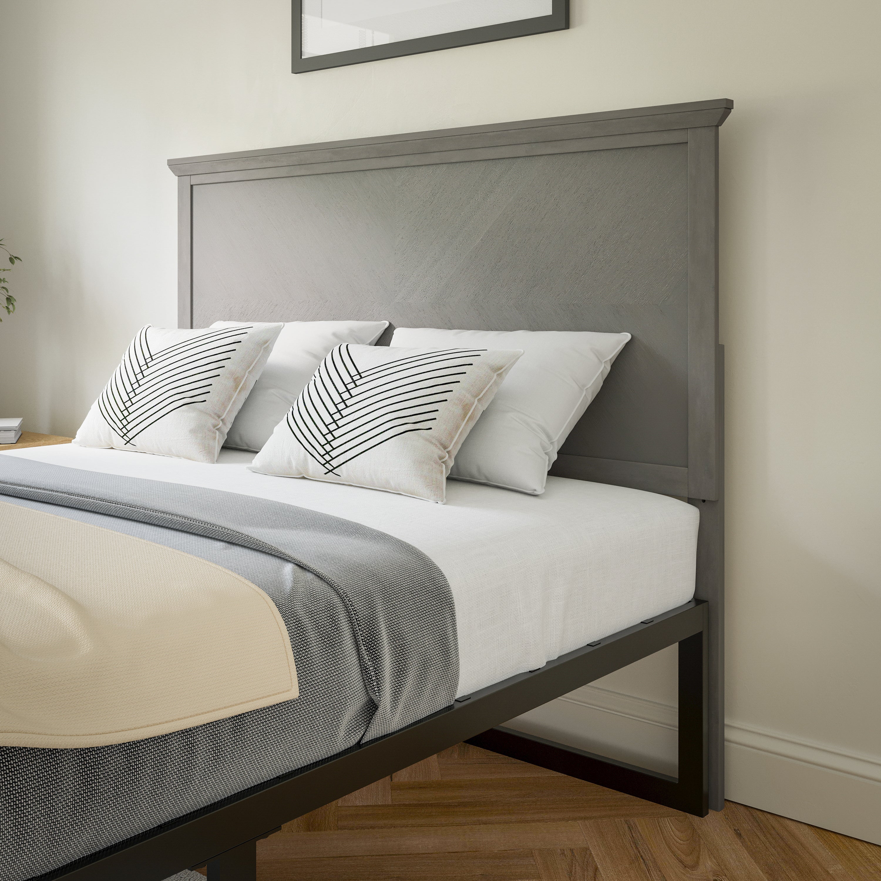 Fiona Full Size Herringbone Wooden Adjustable Headboard for Universal Metal Bed Frames in Gray Wash