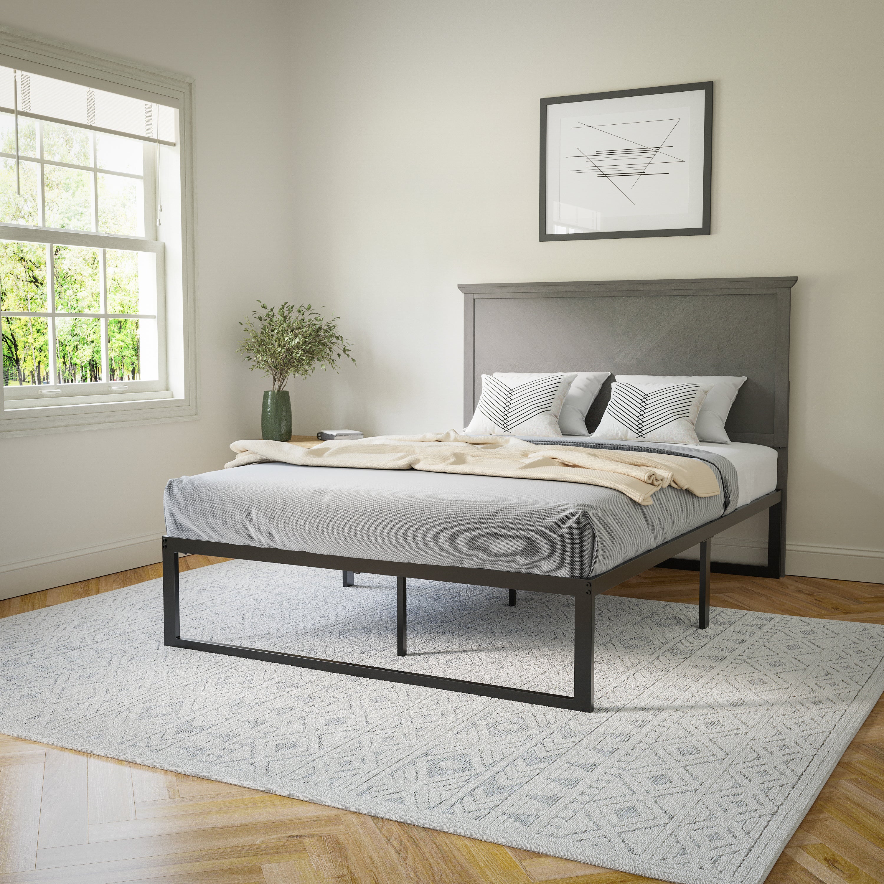 Fiona Full Size Herringbone Wooden Adjustable Headboard for Universal Metal Bed Frames in Gray Wash