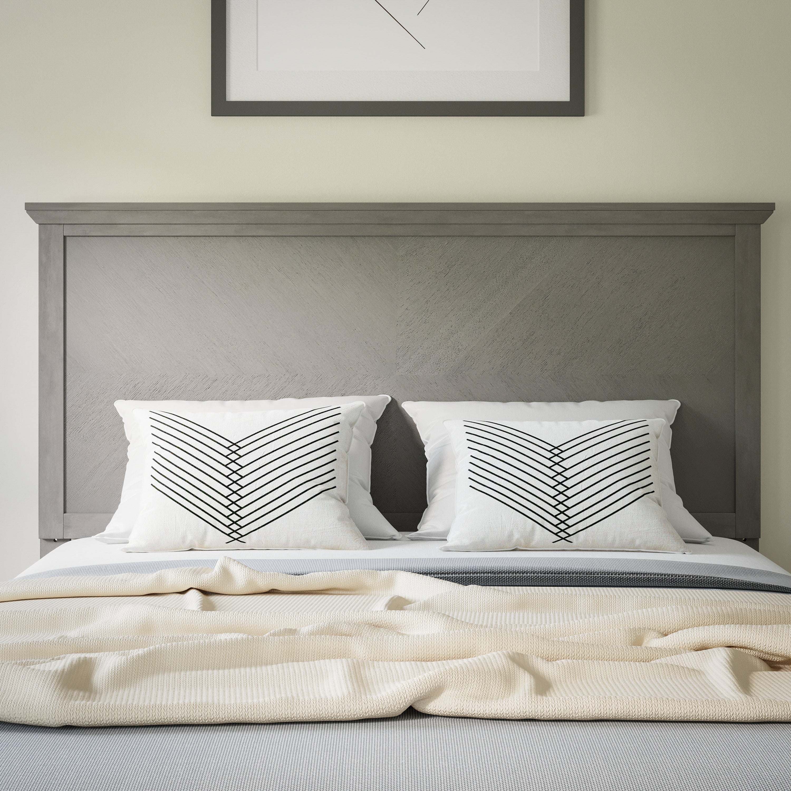 Fiona Full Size Herringbone Wooden Adjustable Headboard for Universal Metal Bed Frames in Gray Wash