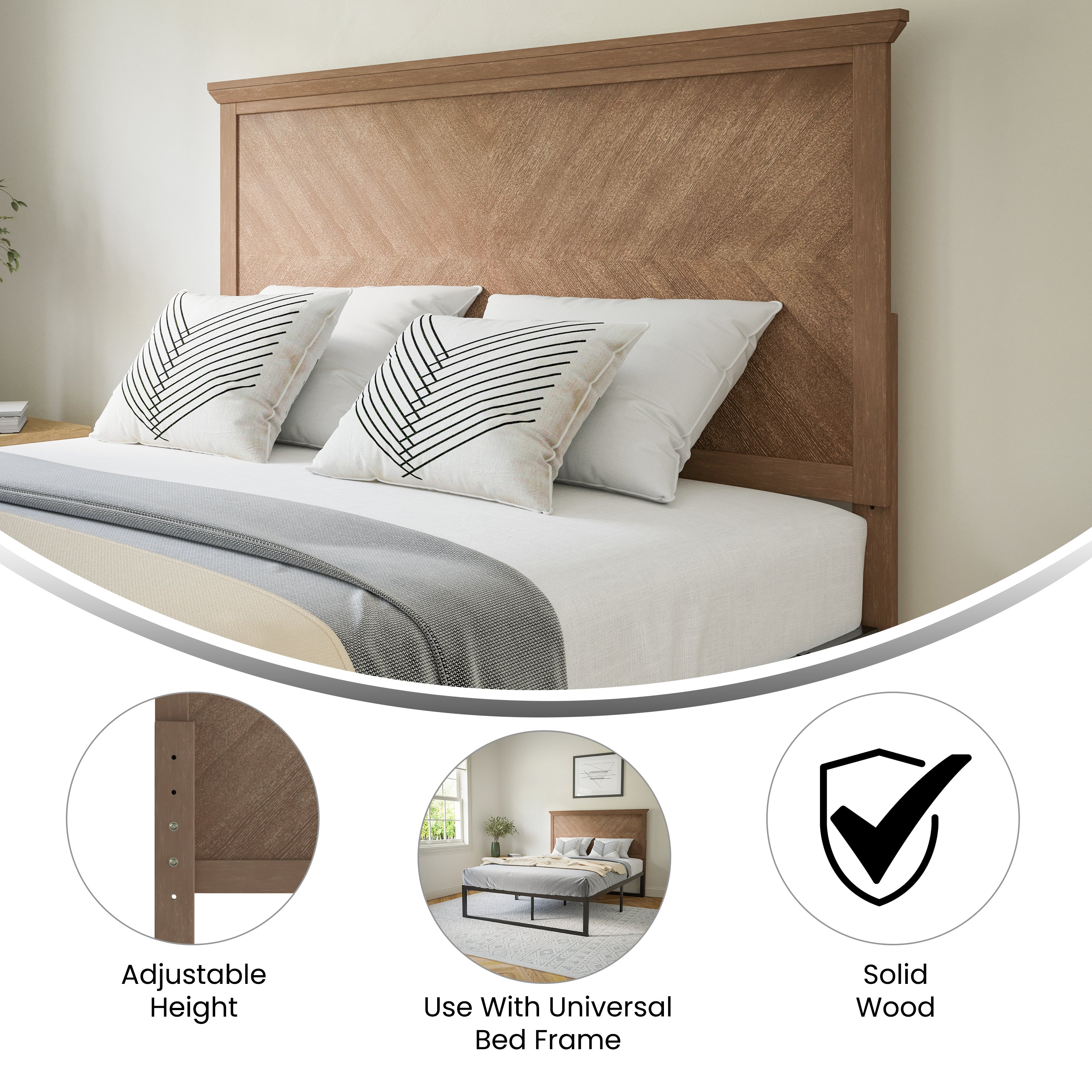 Fiona Full Size Herringbone Wooden Adjustable Headboard for Universal Metal Bed Frames Light Brown