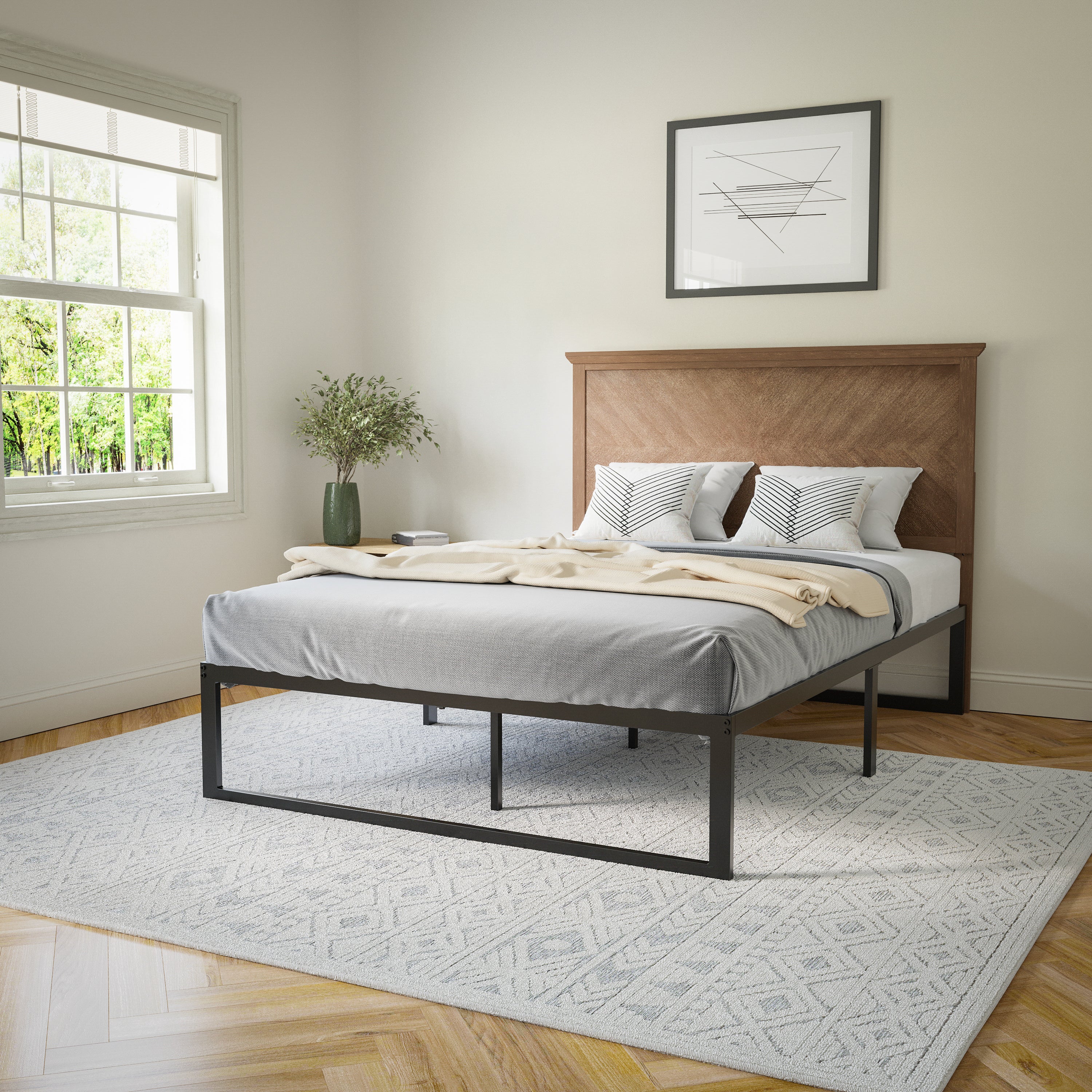 Fiona Full Size Herringbone Wooden Adjustable Headboard for Universal Metal Bed Frames Light Brown