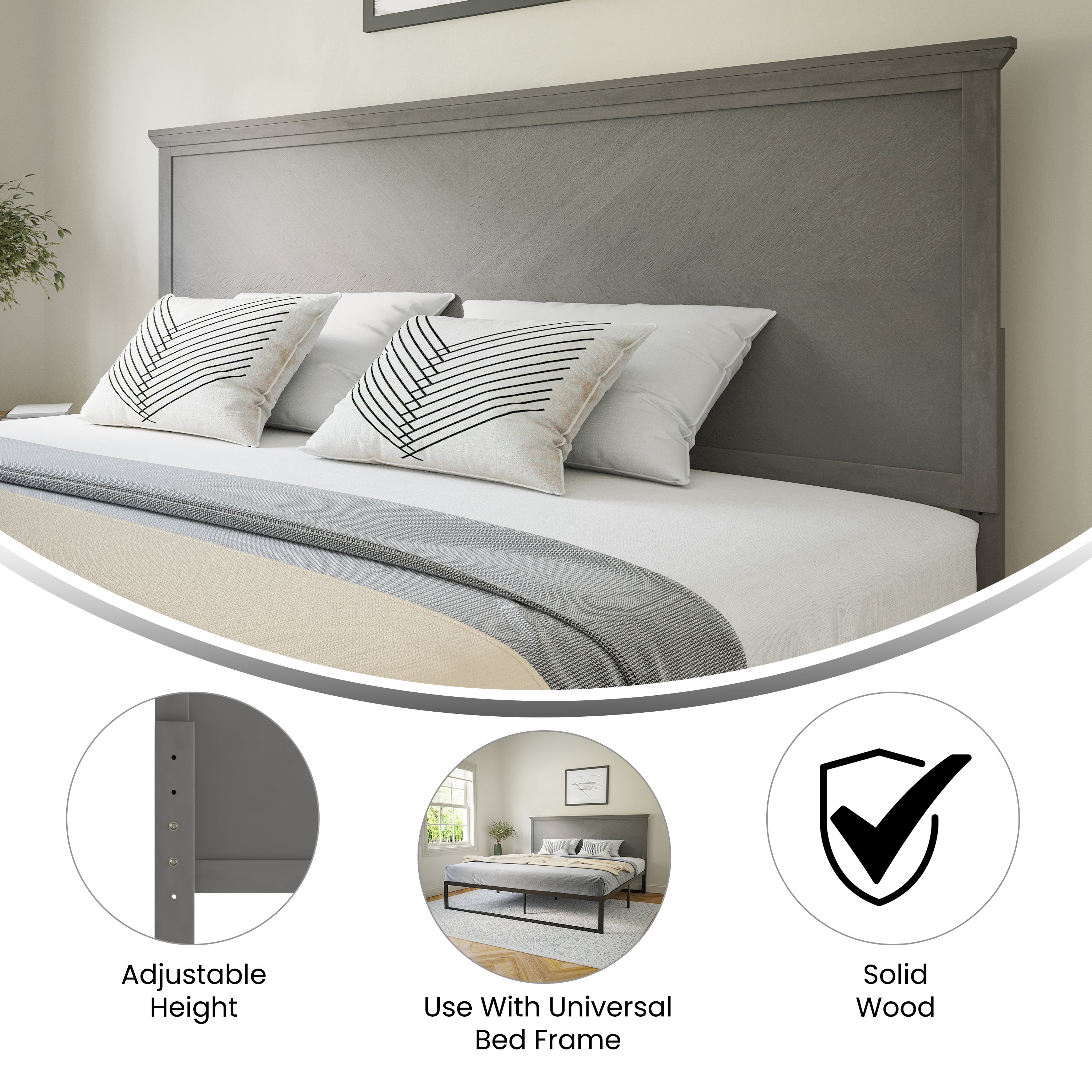 Fiona King Size Herringbone Wooden Adjustable Headboard for Universal Metal Bed Frames in Gray Wash