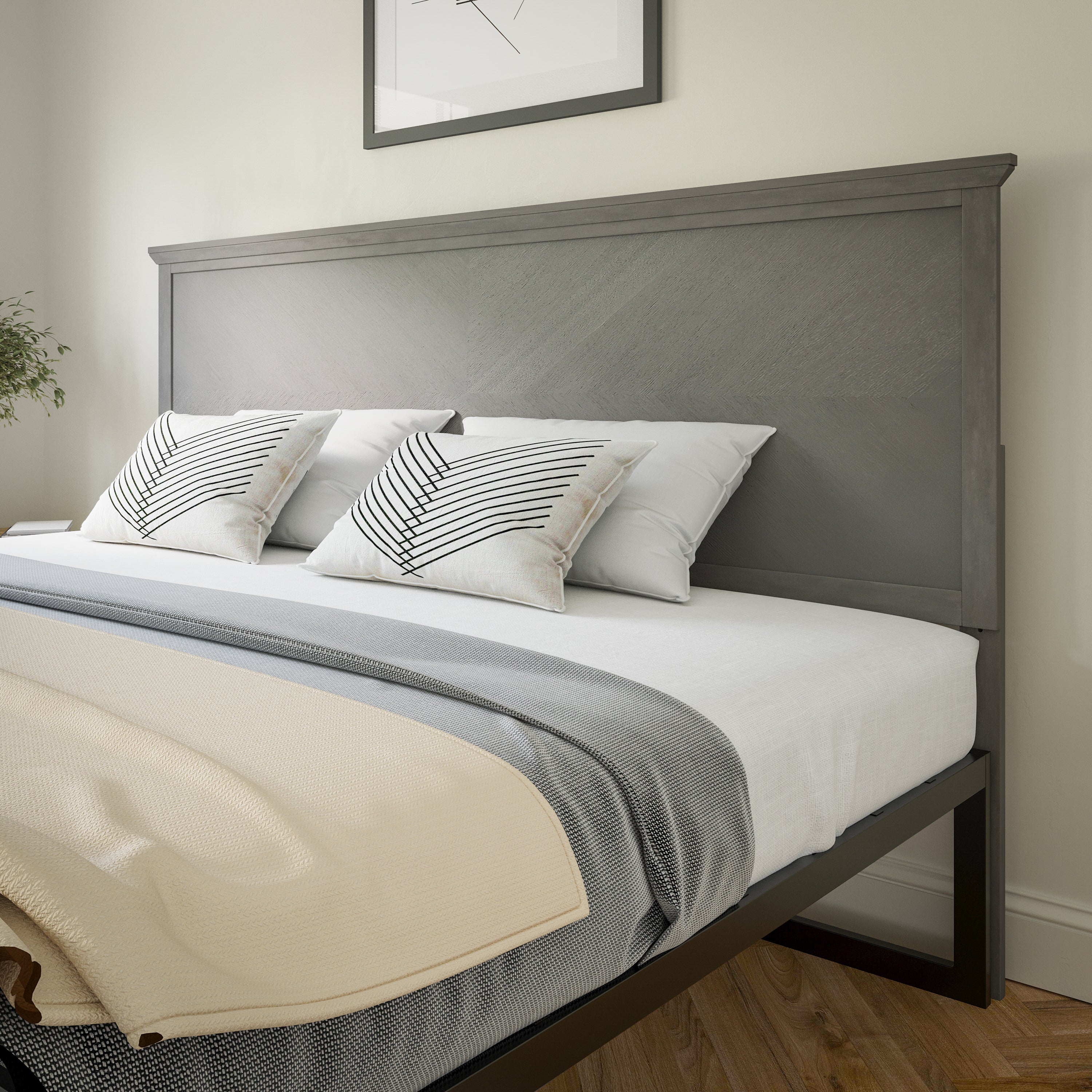 Fiona King Size Herringbone Wooden Adjustable Headboard for Universal Metal Bed Frames in Gray Wash