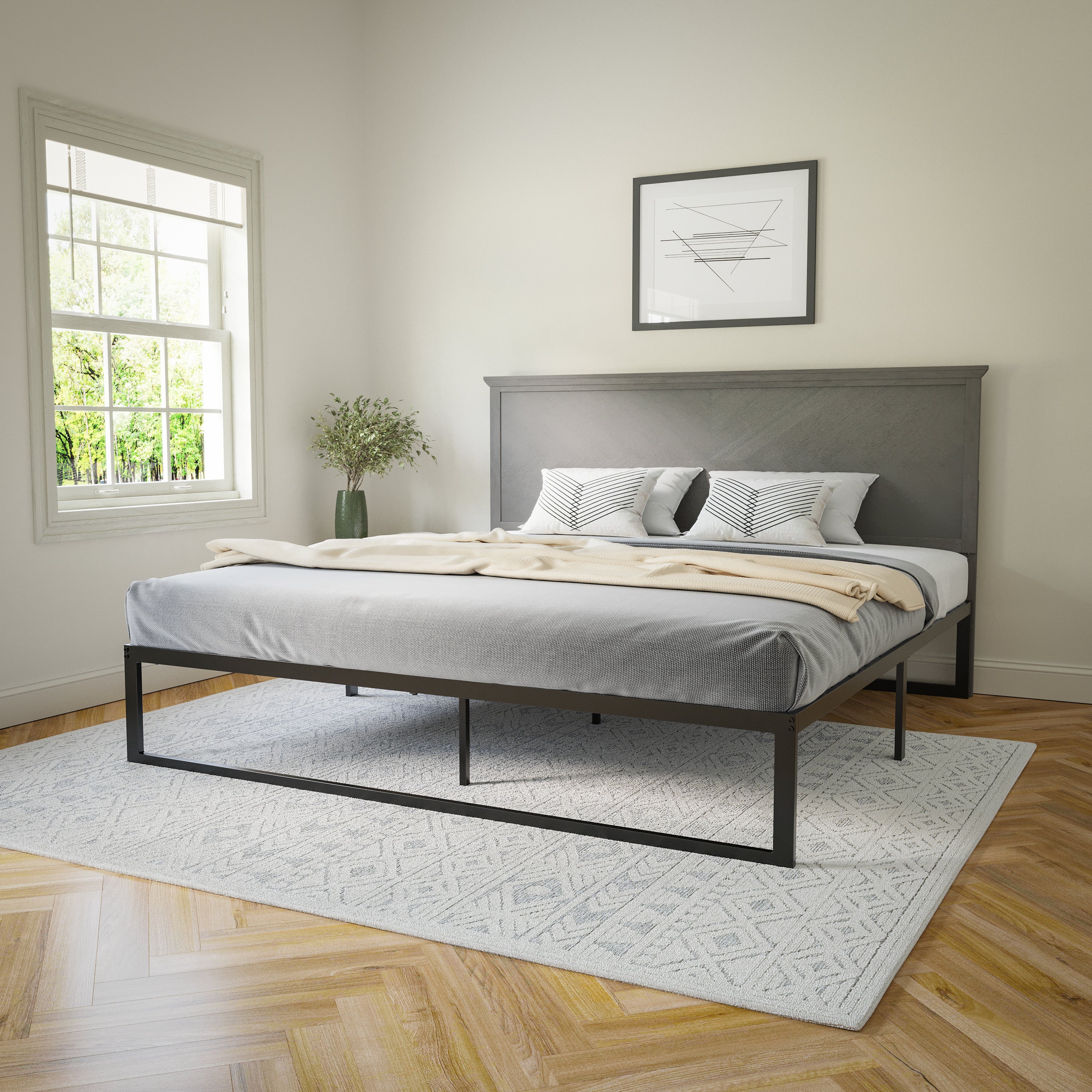 Fiona King Size Herringbone Wooden Adjustable Headboard for Universal Metal Bed Frames in Gray Wash