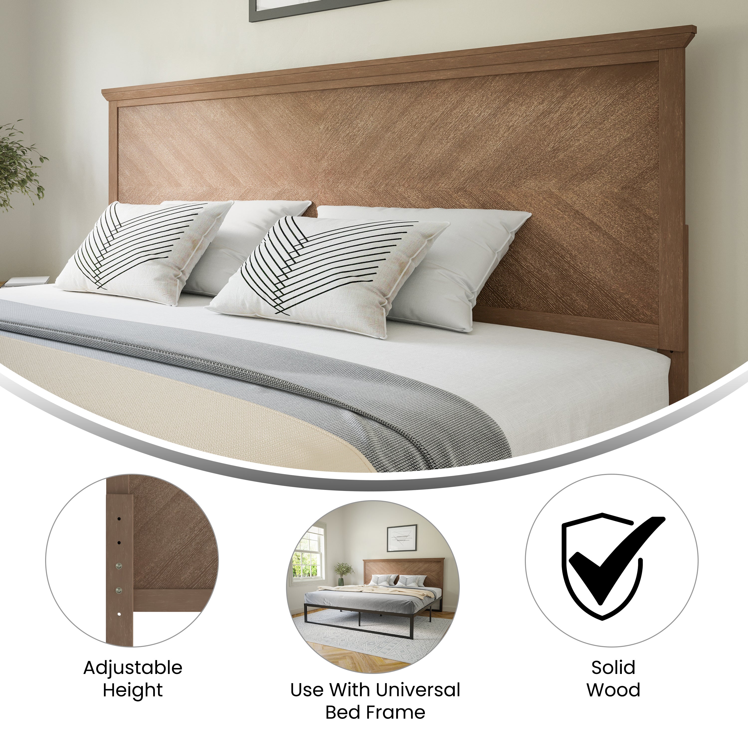 Fiona King Size Herringbone Wooden Adjustable Headboard for Universal Metal Bed Frames in Light Brown
